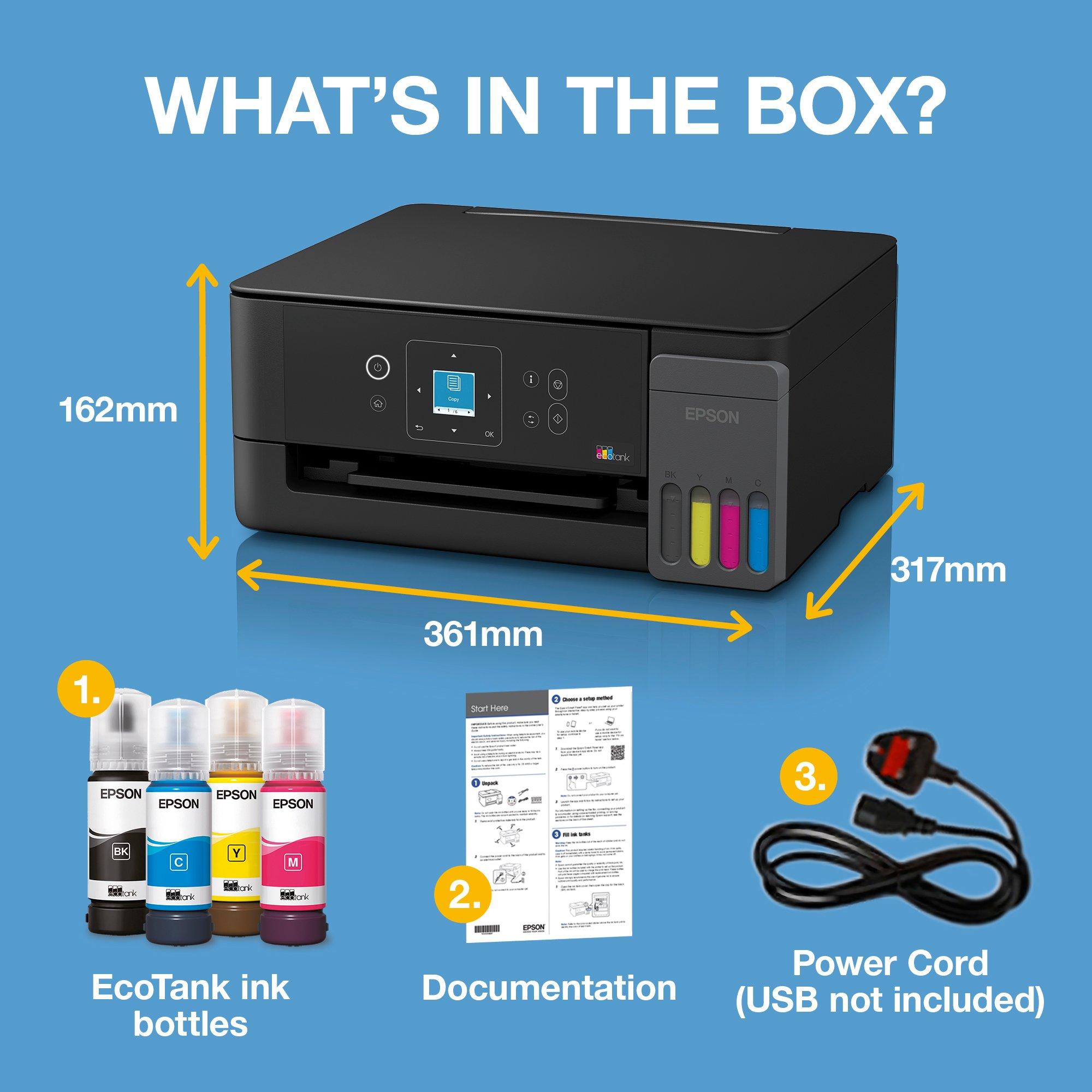 EcoTank ET-2920 A4 Multifunction Wi-Fi &amp; AirPrint Ink Tank Printer With LCD Screen And Up To 3 Years Of Ink Included whats in the box