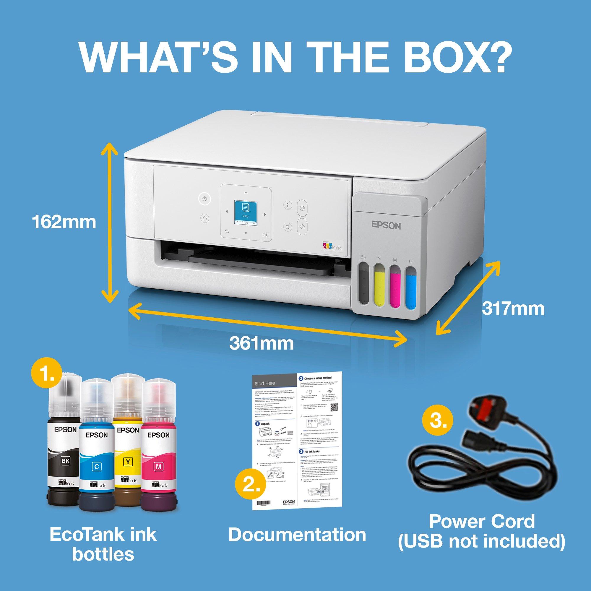 EcoTank ET-2926 A4 Multifunction Wi-Fi &amp; AirPrint Ink Tank Printer With LCD Screen And Up To 3 Years Of Ink Included whats in the box