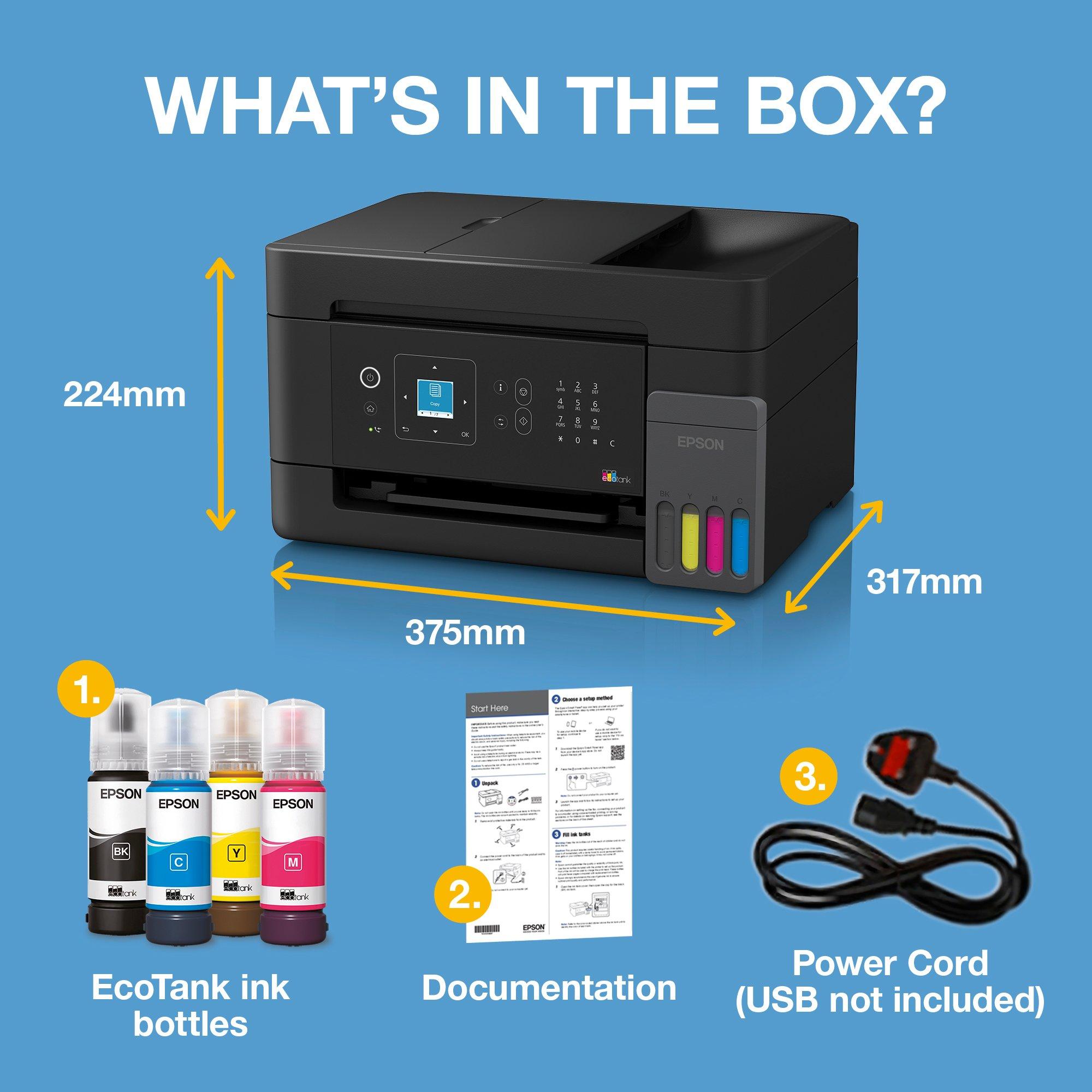 EcoTank ET-4900 A4 Multifunction Wi-Fi &amp; AirPrint Ink Tank Printer With LCD Screen An ADF And Up To 3 Years Of Ink Included whats in the box