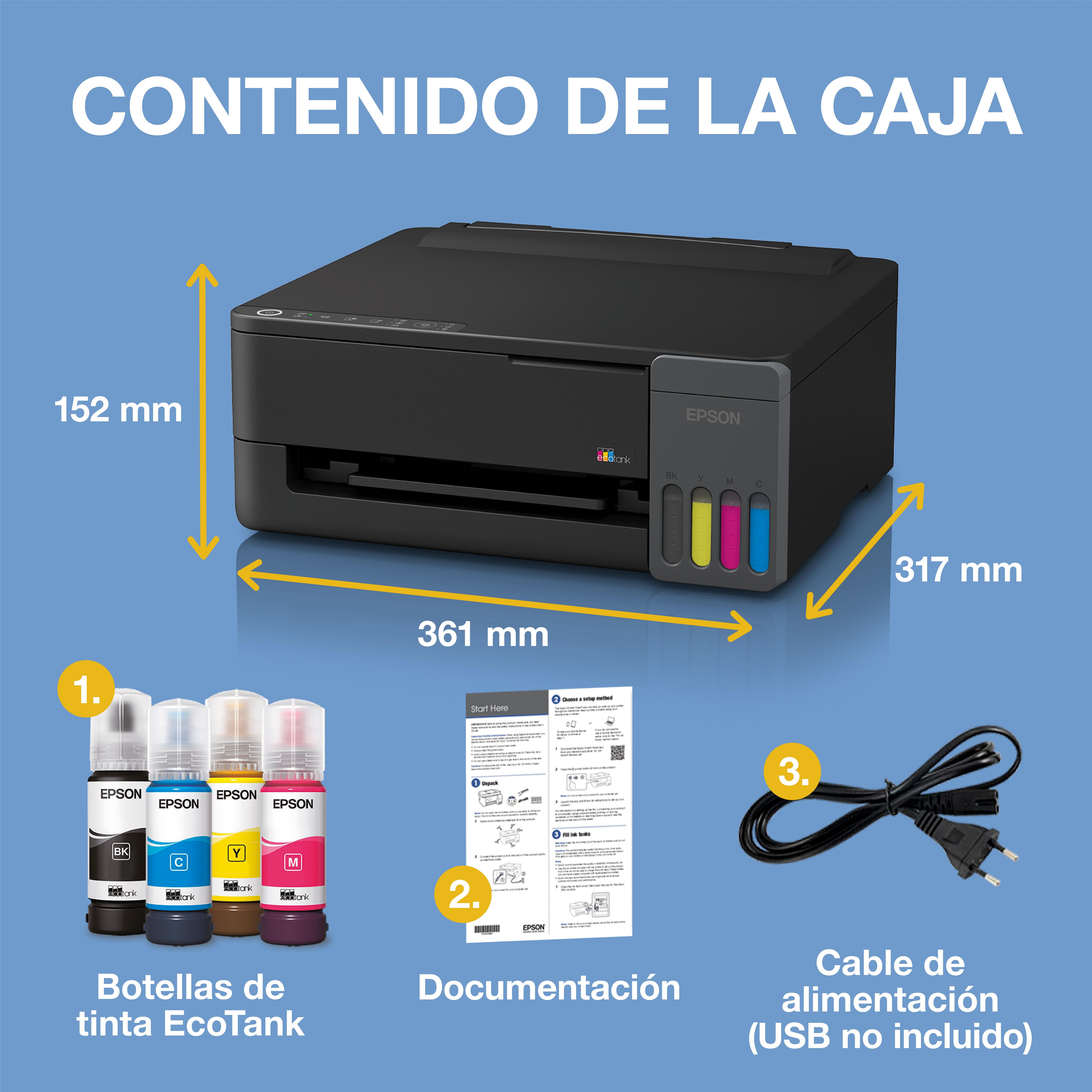 Impresora EcoTank ET-1910 A4 con depósito de tinta, conexión Wi-Fi y AirPrint, y hasta 3 años de tinta incluida whats in the box
