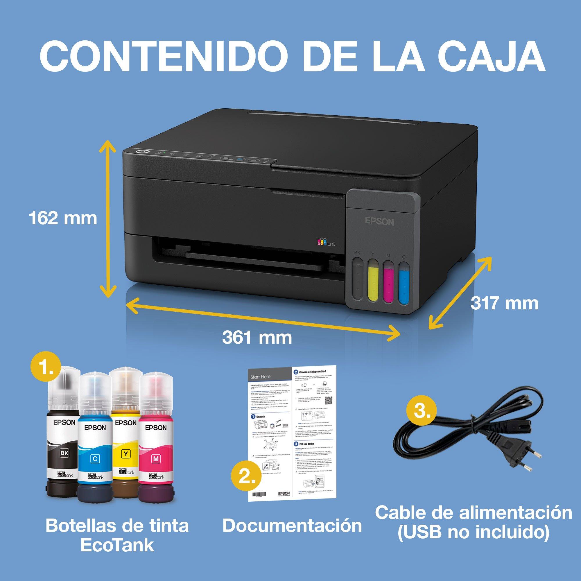 Impresora multifunción EcoTank ET-2916 A4 con depósito de tinta, conexión Wi-Fi y AirPrint, y tinta incluida para hasta 3 años whats in the box