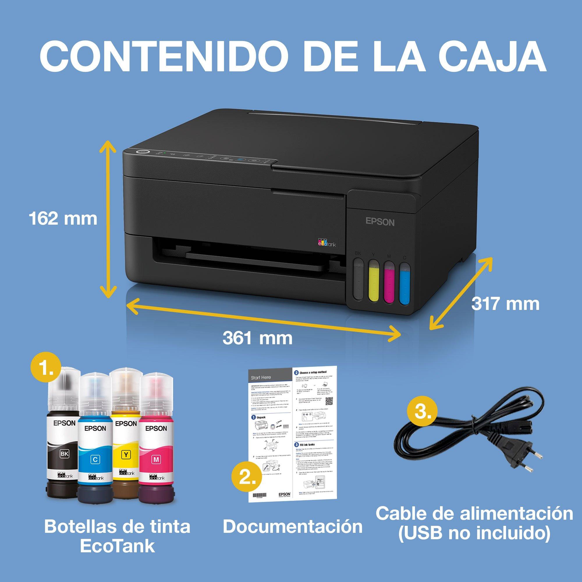 Impresora multifunción EcoTank ET-2914 A4 con depósito de tinta, conexión Wi-Fi y AirPrint, y tinta incluida para hasta 3 años whats in the box
