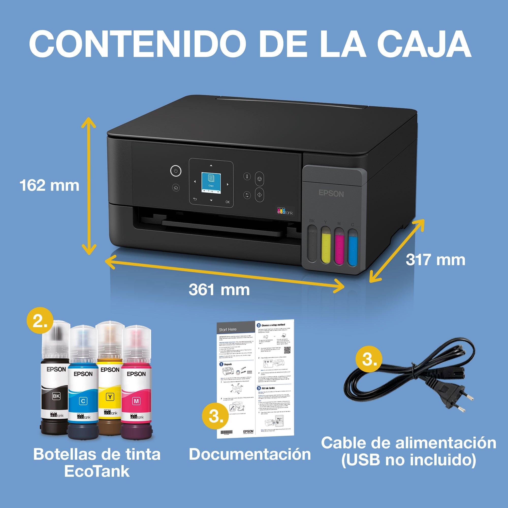 Impresora multifunción EcoTank ET-2920 A4 con depósito de tinta, conexión Wi-Fi y AirPrint, con pantalla LCD y tinta incluida para hasta 3 años whats in the box