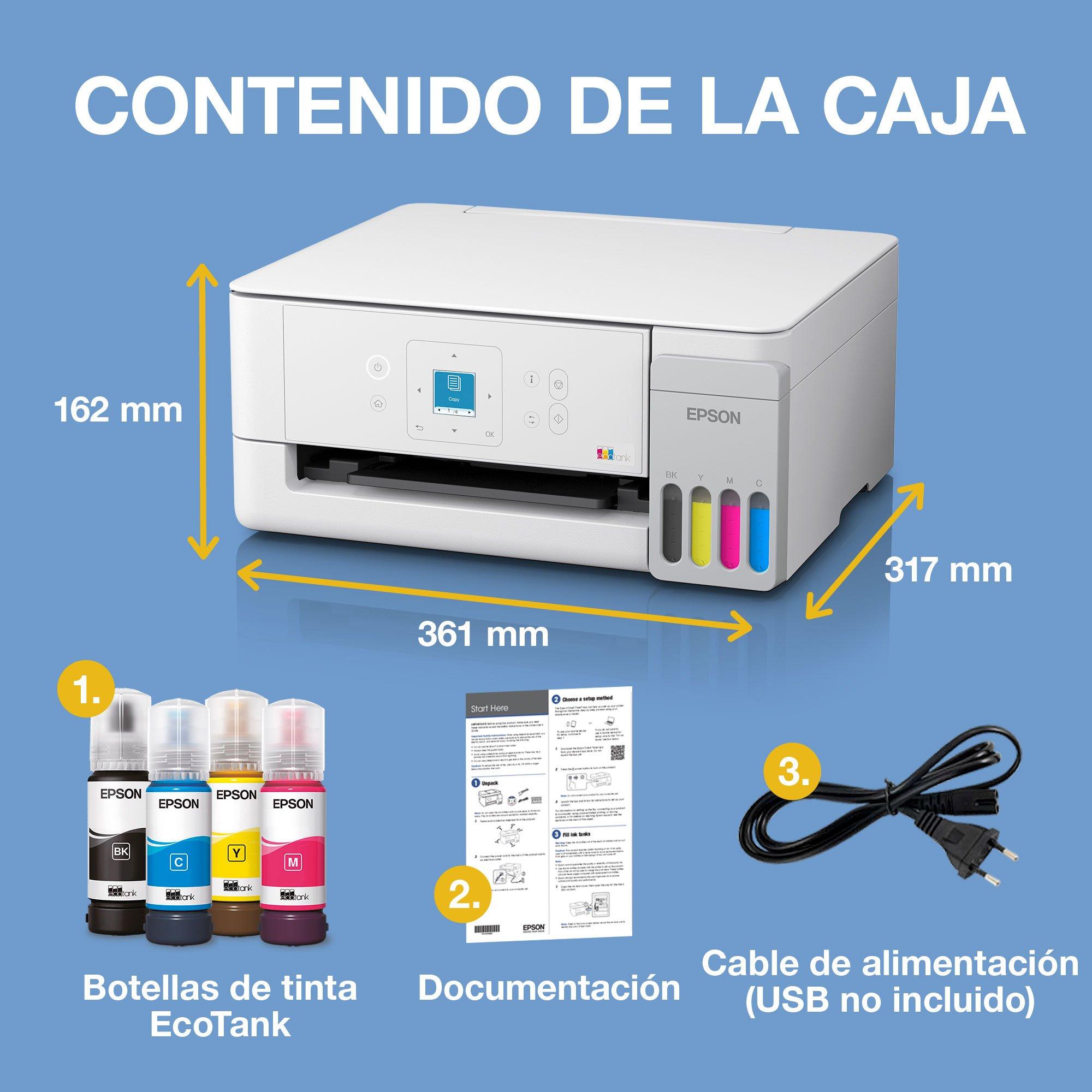 Impresora multifunción EcoTank ET-2926 A4 con depósito de tinta, conexión Wi-Fi y AirPrint, con pantalla LCD y tinta incluida para hasta 3 años whats in the box