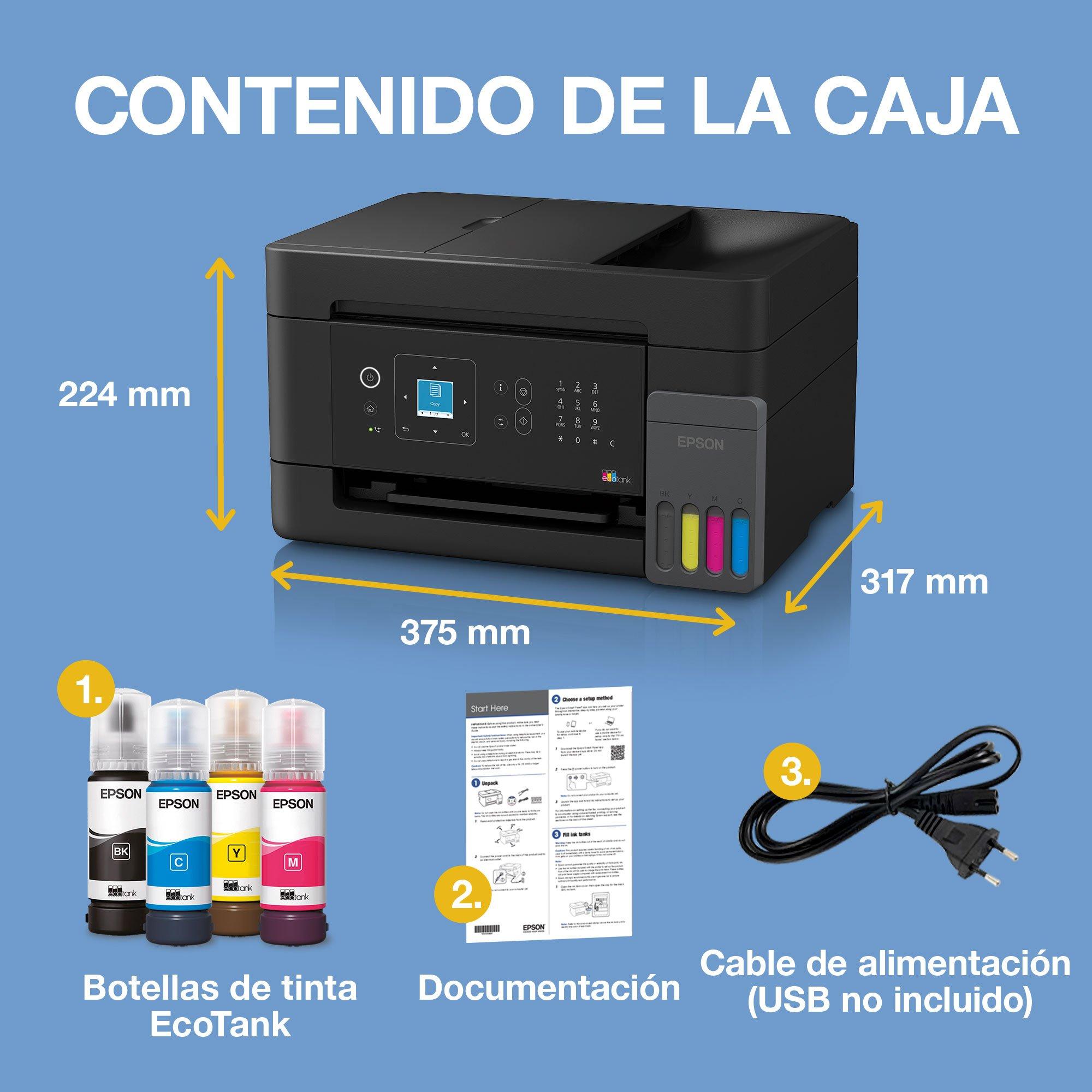 Impresora multifunción EcoTank ET-4900 A4 con depósito de tinta, conexión Wi-Fi y AirPrint, pantalla LCD, alimentador automático de documentos (ADF) y tinta incluida para hasta 3 años whats in the box