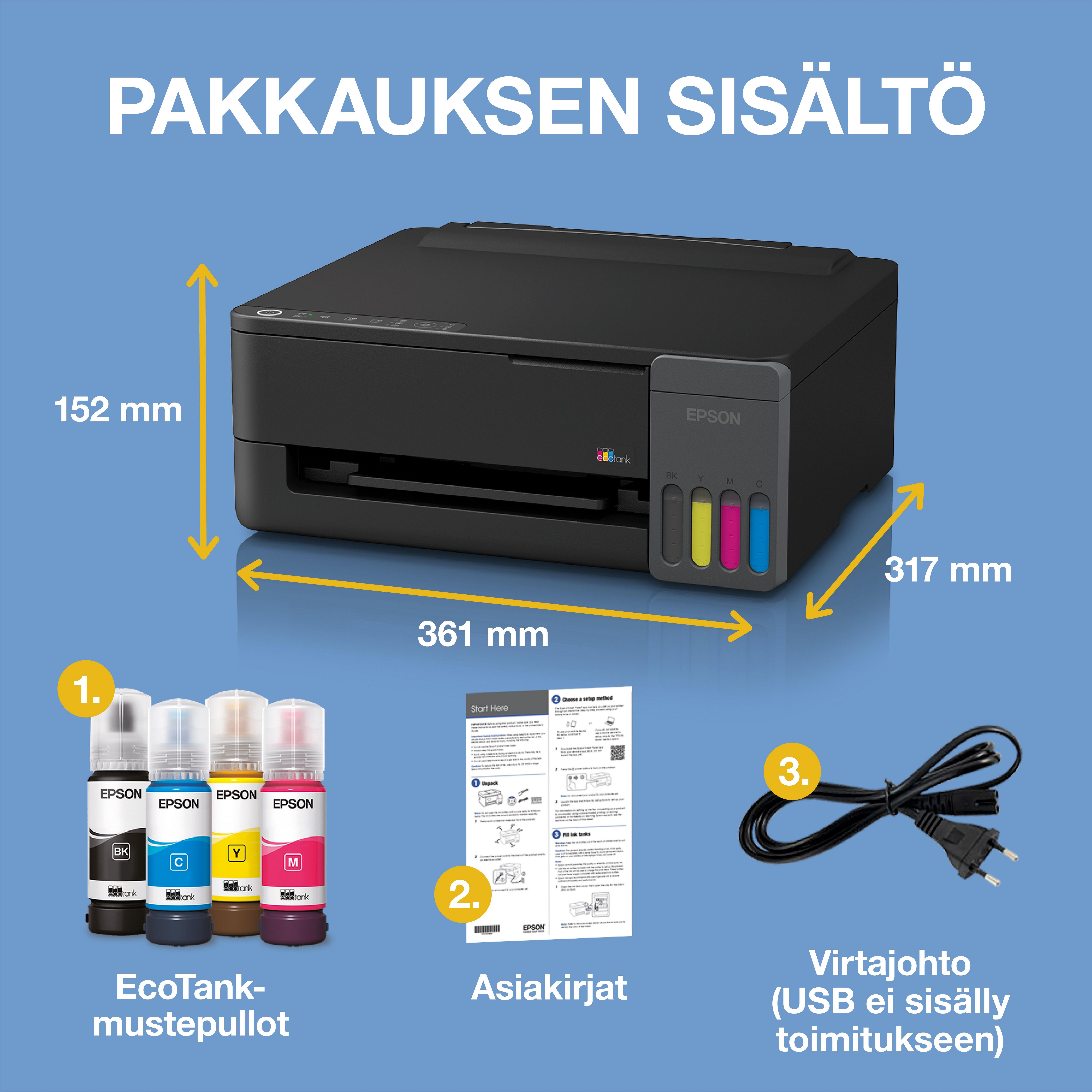 EcoTank ET-1910 A4 -mustesäiliötulostin Wi-Fi- ja AirPrint-tuella, mukana jopa kolmen vuoden musteet whats in the box