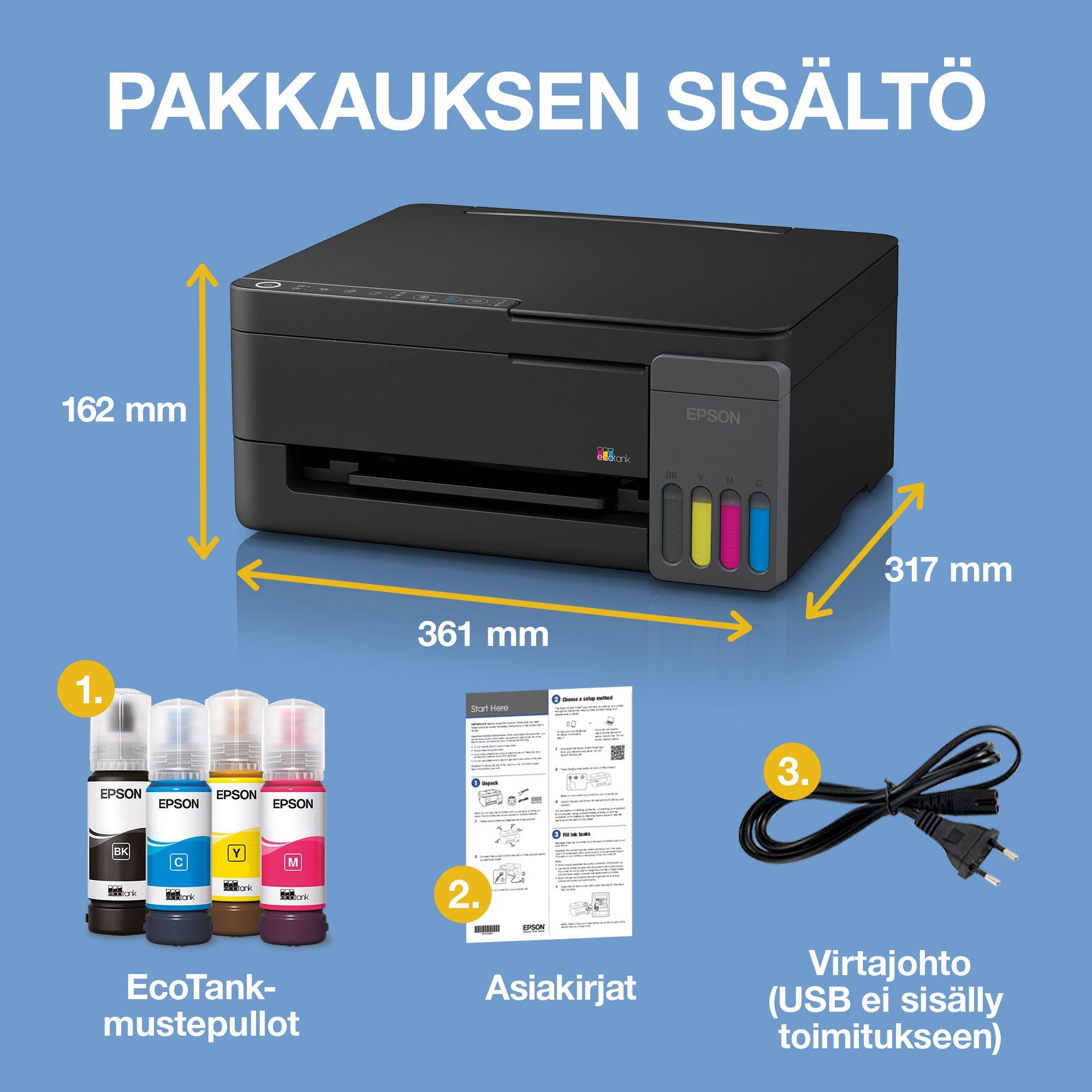 EcoTank ET-2915 A4 -monitoimitulostin Wi-Fi- ja AirPrint-tuella ja mustesäiliöjärjestelmällä, mukana jopa kolmen vuoden musteet whats in the box