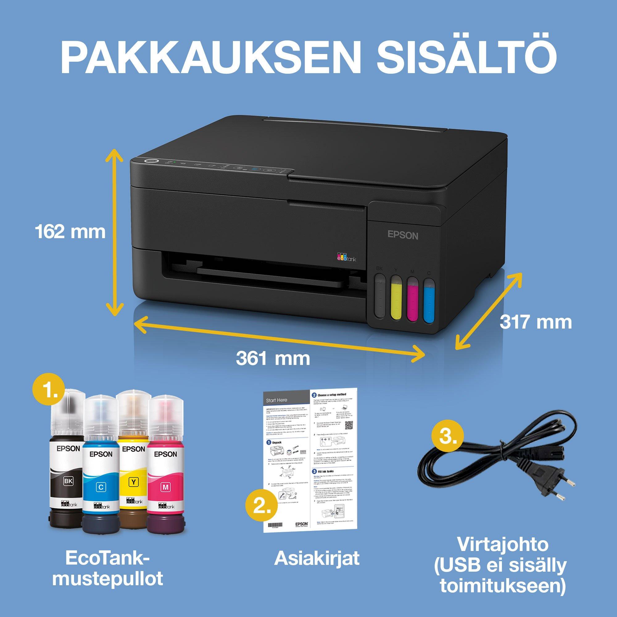 EcoTank ET-2920 A4 -monitoimitulostin Wi-Fi- ja AirPrint-tuella, LCD-näytöllä ja mustesäiliöjärjestelmällä, mukana jopa kolmen vuoden musteet whats in the box
