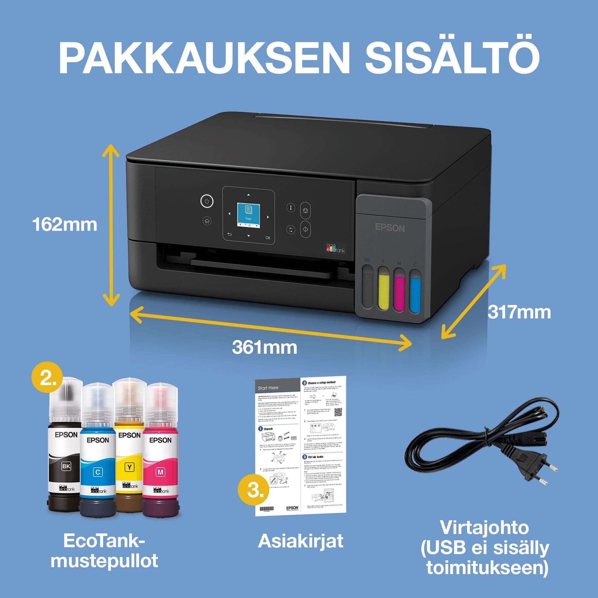 EcoTank ET-2915 A4 -monitoimitulostin Wi-Fi- ja AirPrint-tuella ja mustesäiliöjärjestelmällä, mukana jopa kolmen vuoden musteet whats in the box