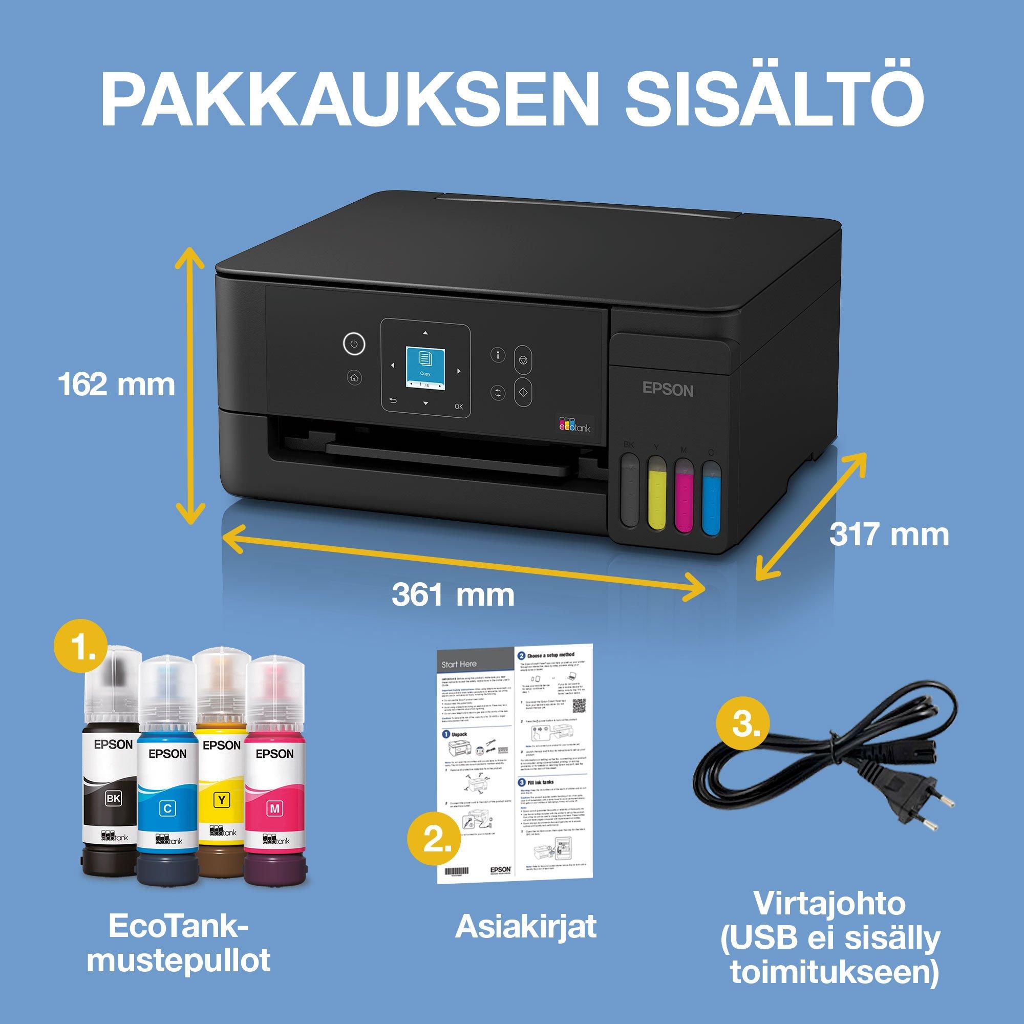 EcoTank ET-2921 A4 -monitoimitulostin Wi-Fi- ja AirPrint-tuella, LCD-näytöllä ja mustesäiliöjärjestelmällä, mukana jopa kolmen vuoden musteet whats in the box