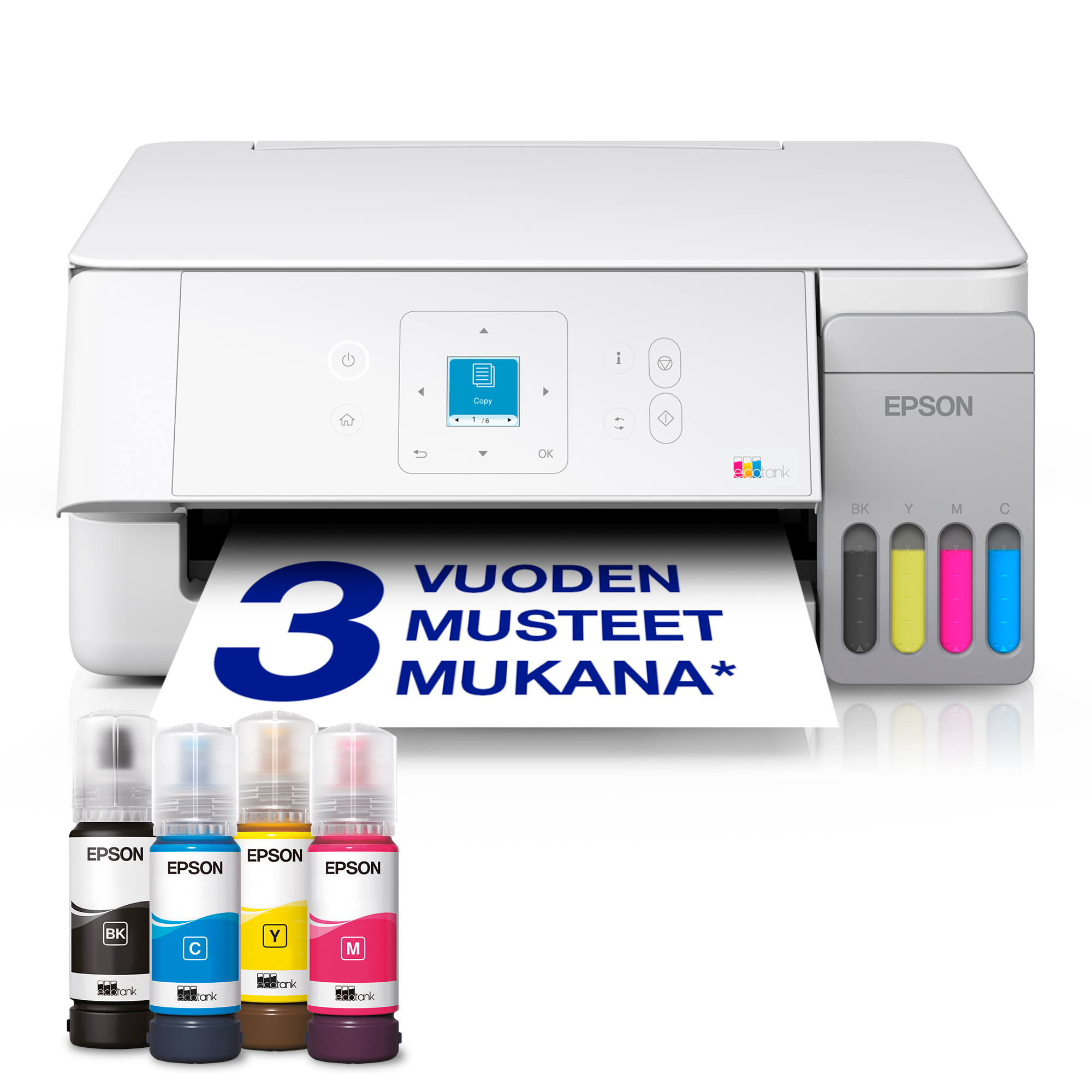 EcoTank ET-2926 A4 -monitoimitulostin Wi-Fi- ja AirPrint-tuella, LCD-näytöllä ja mustesäiliöjärjestelmällä, mukana jopa kolmen vuoden musteet