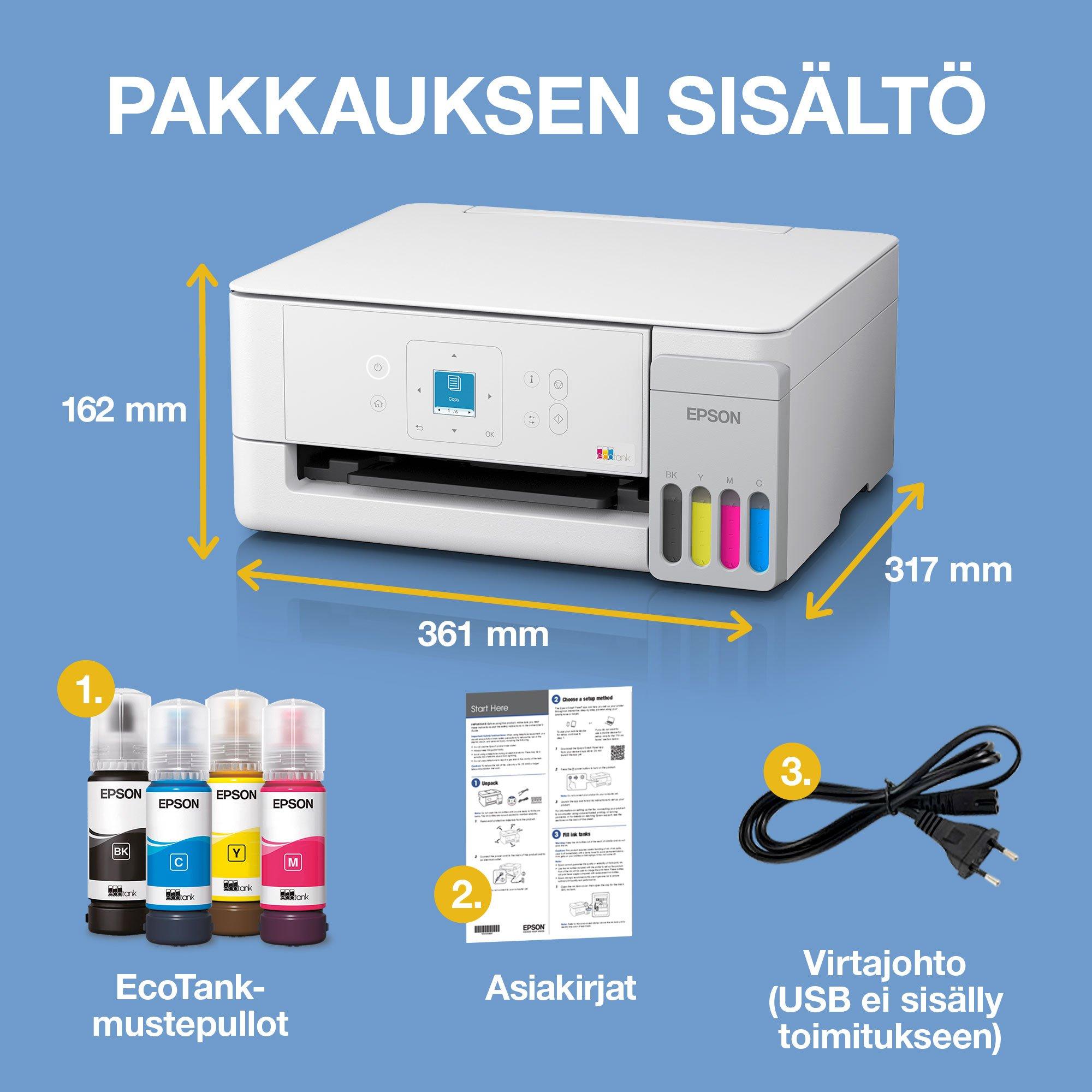 EcoTank ET-2926 A4 -monitoimitulostin Wi-Fi- ja AirPrint-tuella, LCD-näytöllä ja mustesäiliöjärjestelmällä, mukana jopa kolmen vuoden musteet whats in the box