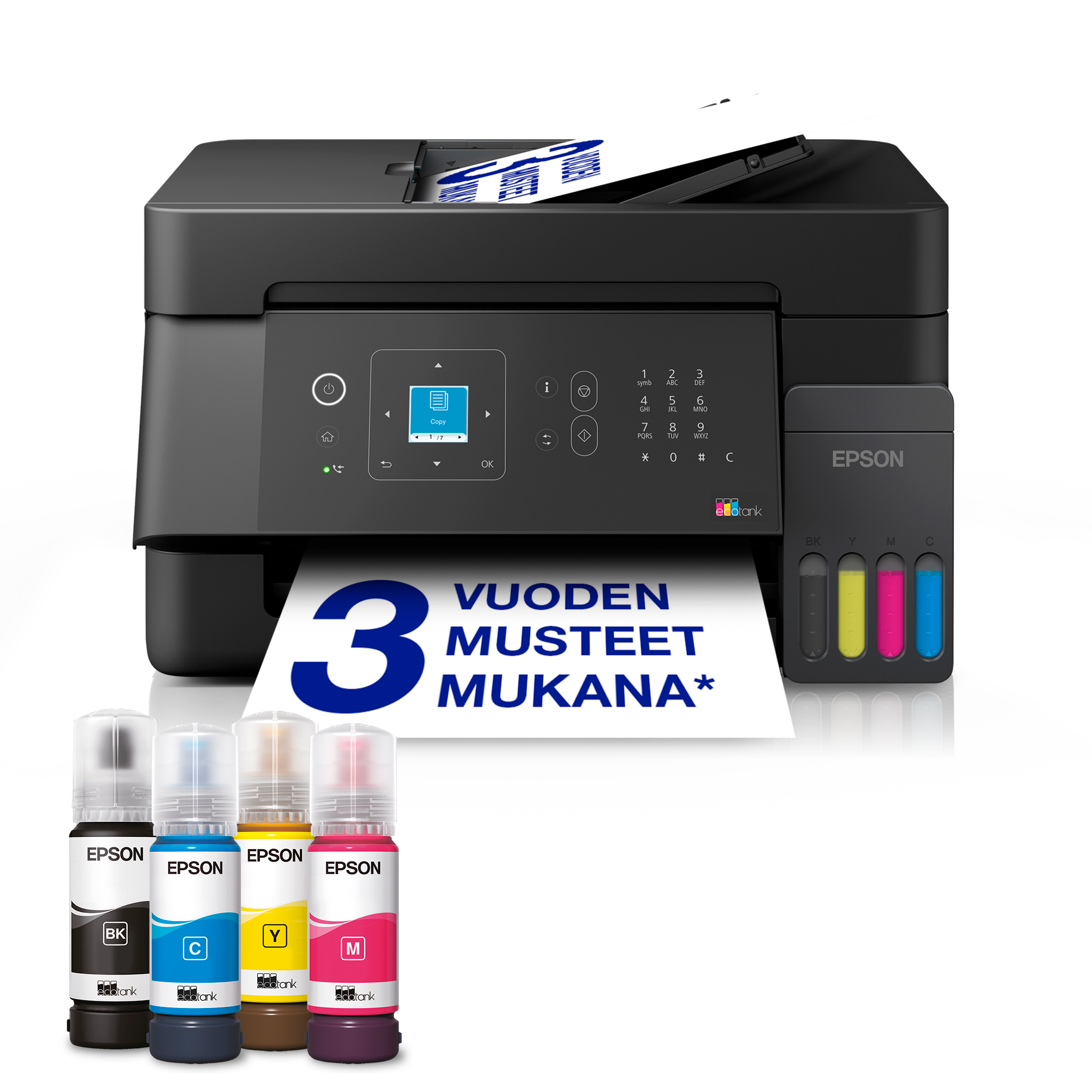 EcoTank ET-4905 A4 -monitoimitulostin Wi-Fi- ja AirPrint-tuella, LCD-näytöllä, automaattisella arkinsyöttölaitteella ja mustesäiliöjärjestelmällä, mukana jopa kolmen vuoden musteet