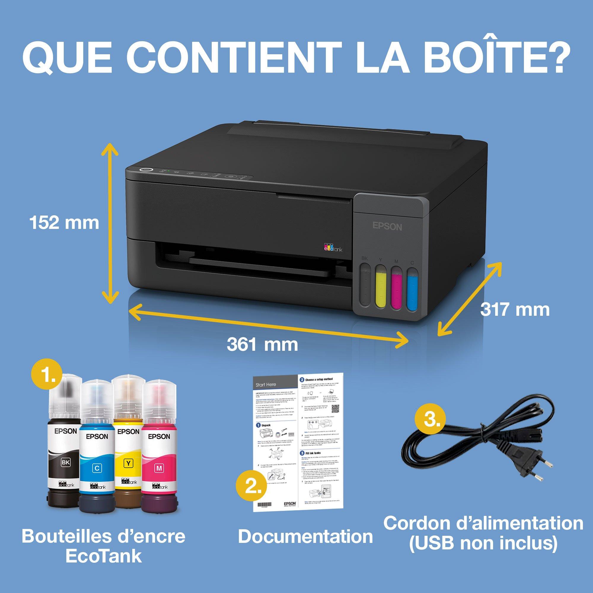Imprimante A4 Wi-Fi et AirPrint EcoTank ET-1910 équipée de réservoirs d’encre, avec jusqu’à 3 ans d’encre inclus whats in the box