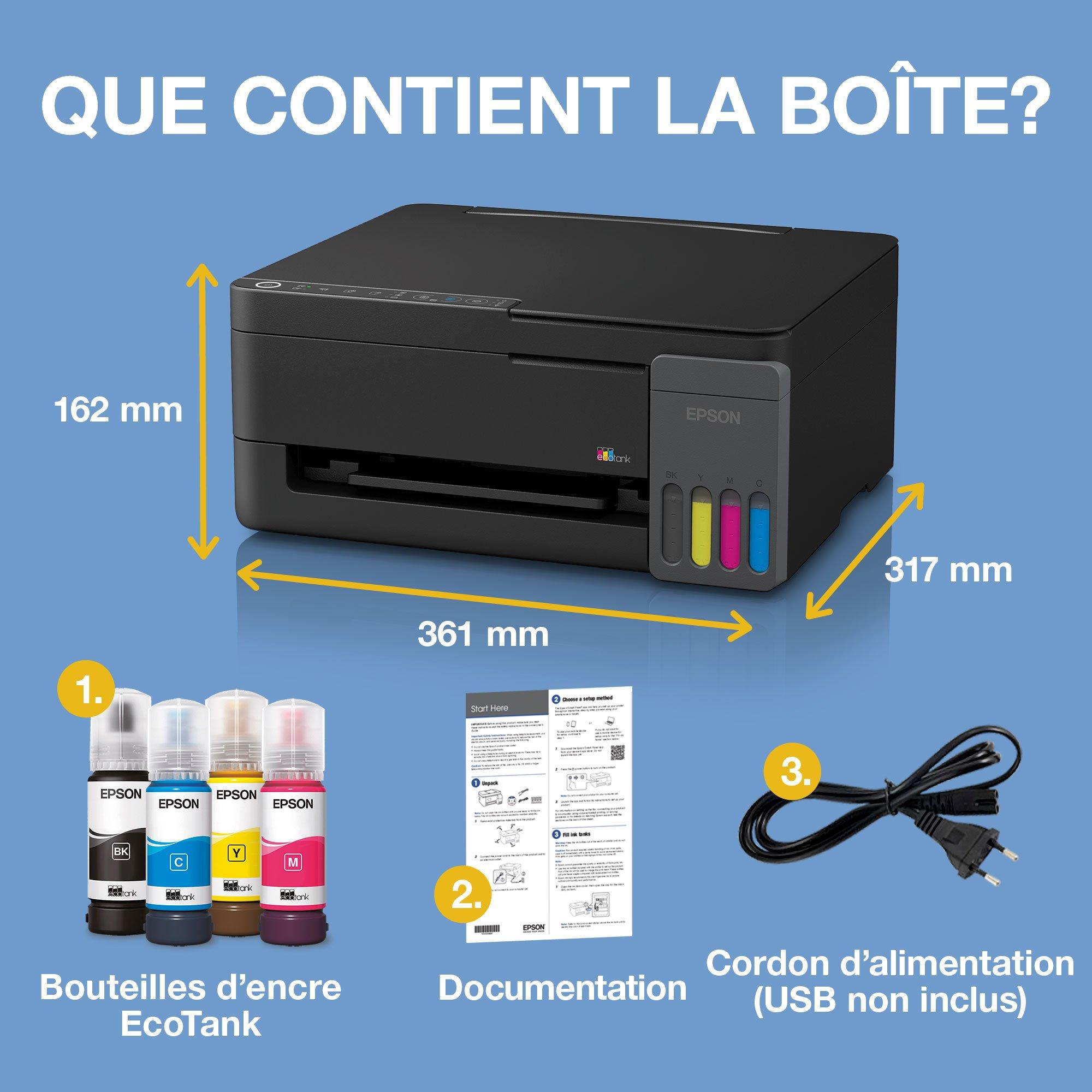 Solution d’impression multifonction A4 Wi-Fi et AirPrint EcoTank ET-2910 équipée de réservoirs d’encre, avec jusqu’à 3 ans d’encre inclus whats in the box