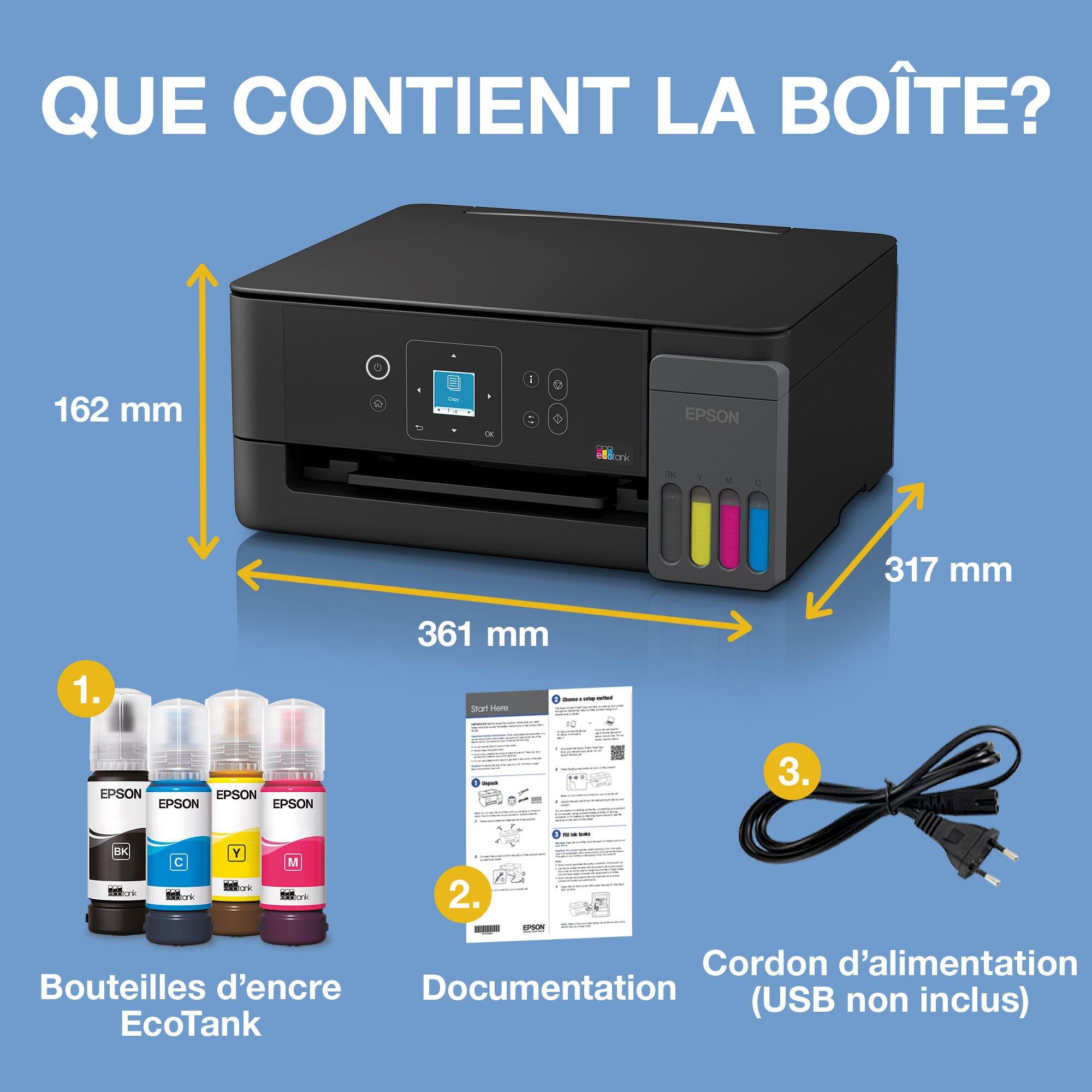 Solution d’impression multifonction A4 Wi-Fi et AirPrint EcoTank ET-2920 équipée de réservoirs d’encre, écran LCD et jusqu’à 3 ans d’encre inclus whats in the box