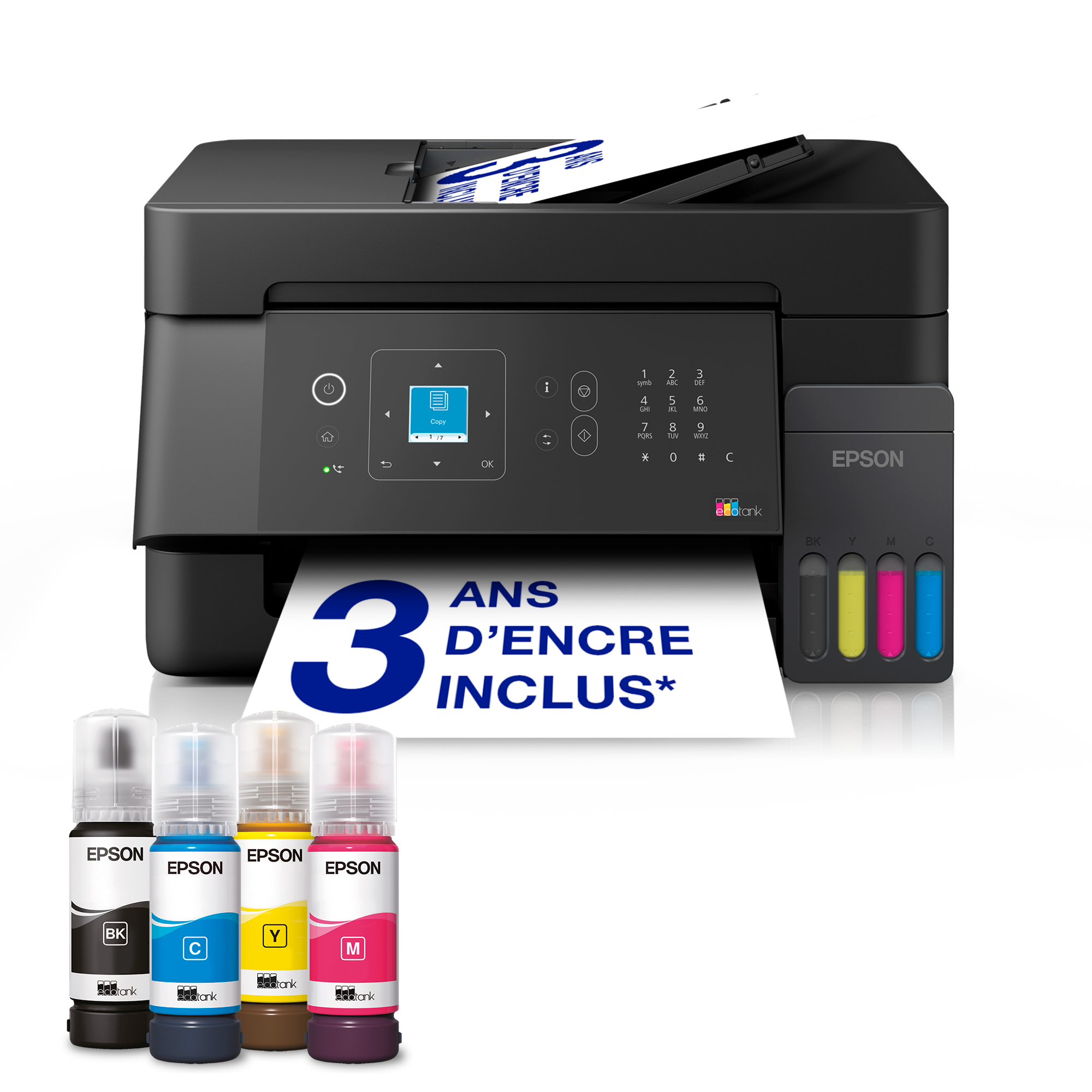 Solution d’impression multifonction A4 Wi-Fi et AirPrint EcoTank ET-4900 équipée de réservoirs d’encre, d’un écran LCD et d’un chargeur automatique de documents, avec jusqu’à 3 ans d’encre inclus