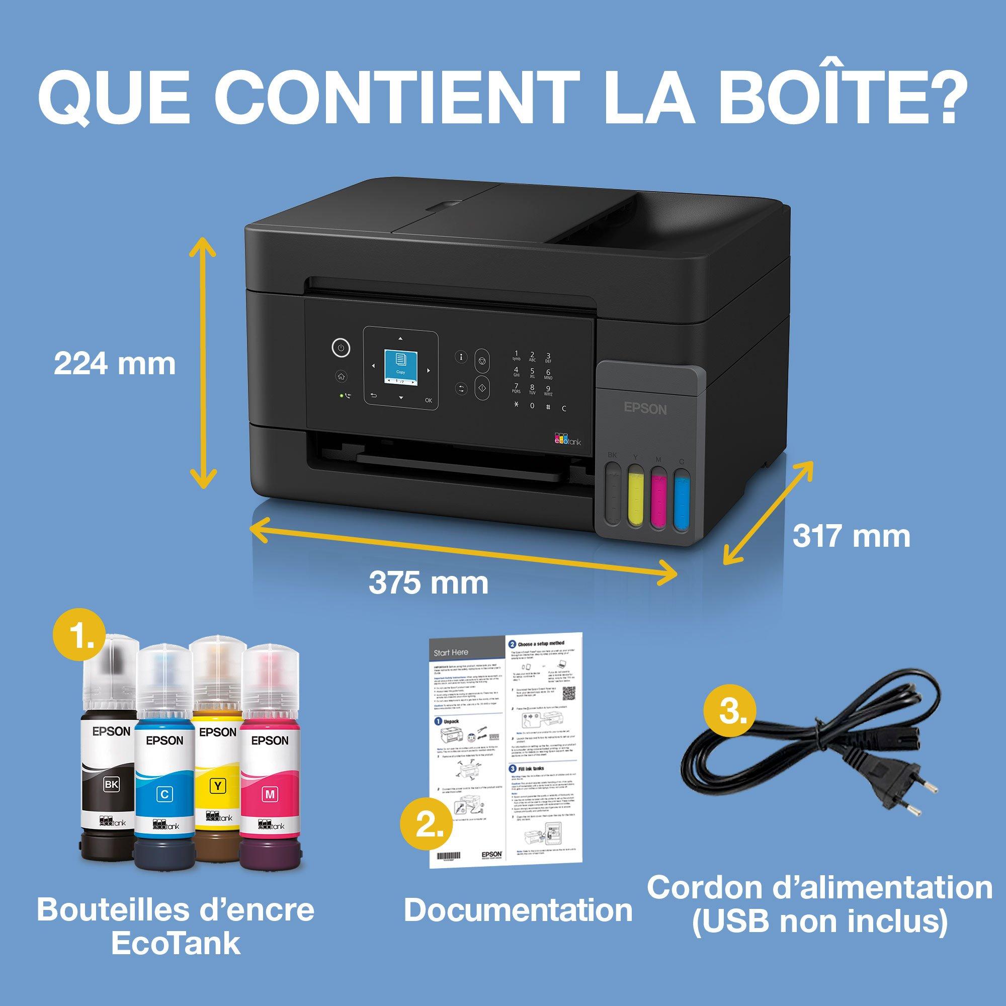 Solution d’impression multifonction A4 Wi-Fi et AirPrint EcoTank ET-4905 équipée de réservoirs d’encre, d’un écran LCD et d’un chargeur automatique de documents, avec jusqu’à 3 ans d’encre inclus whats in the box