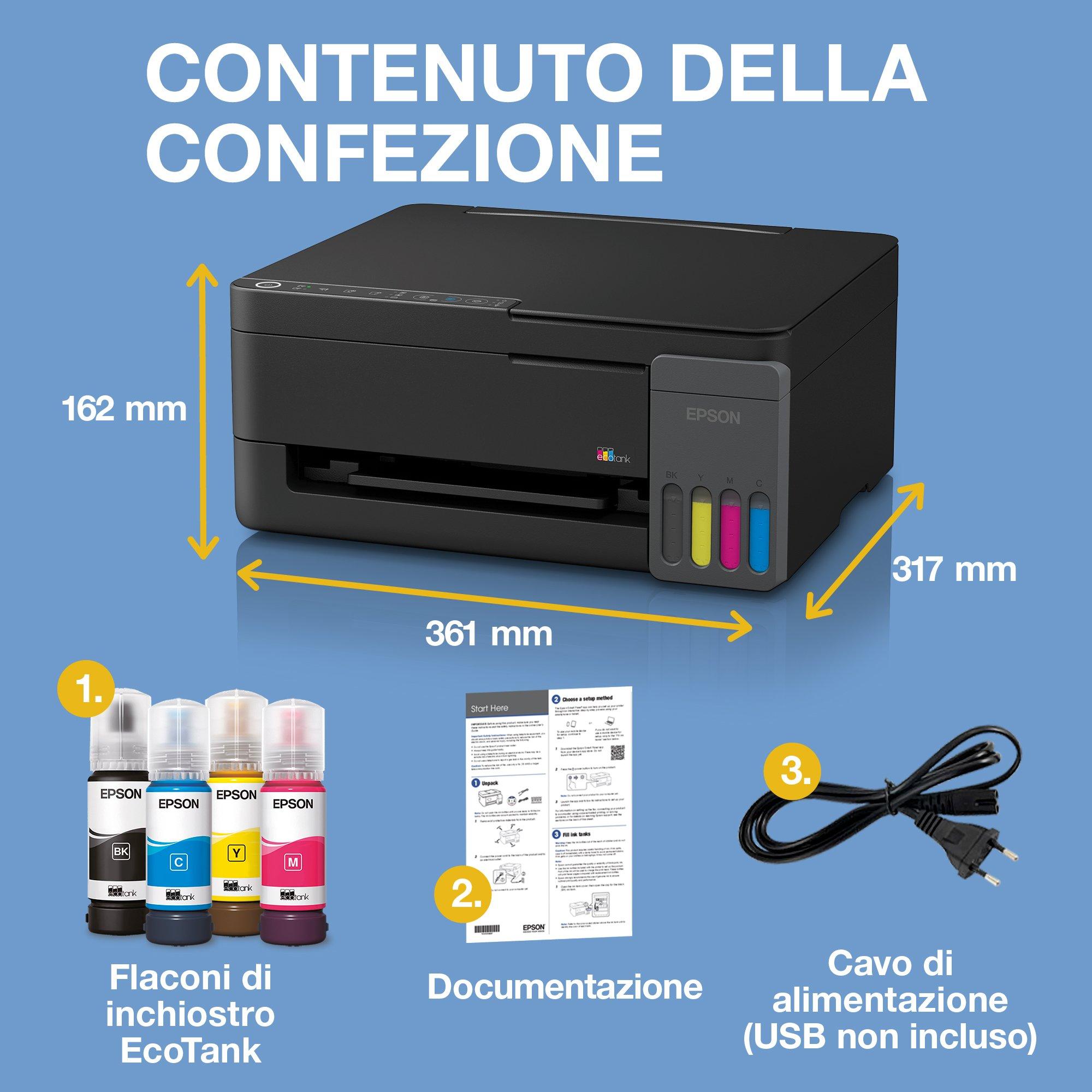 EcoTank ET-2910 stampante multifunzione A4 Wi-Fi e AirPrint con serbatoi di inchiostro, fino a 3 anni di inchiostro inclusi whats in the box