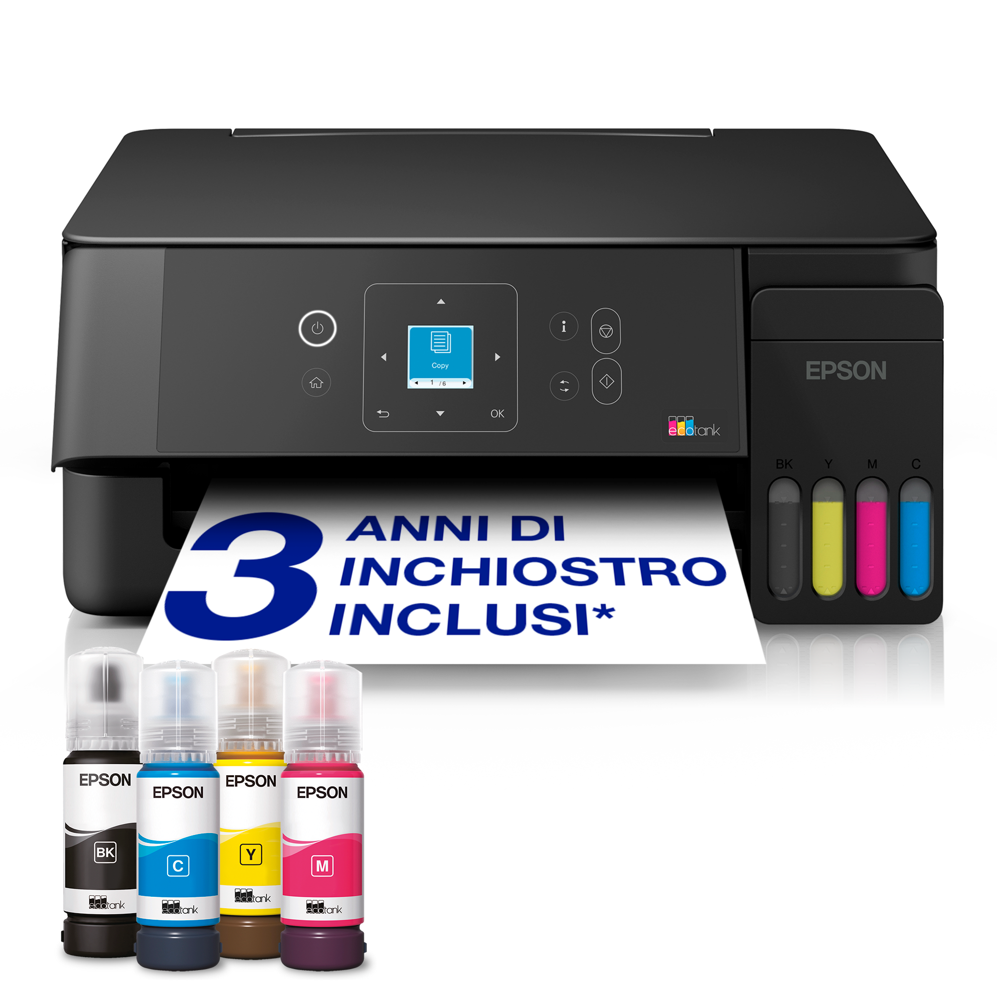 EcoTank ET-2921 stampante multifunzione A4 Wi-Fi e AirPrint con serbatoi di inchiostro e display LCD, fino a 3 anni di inchiostro inclusi