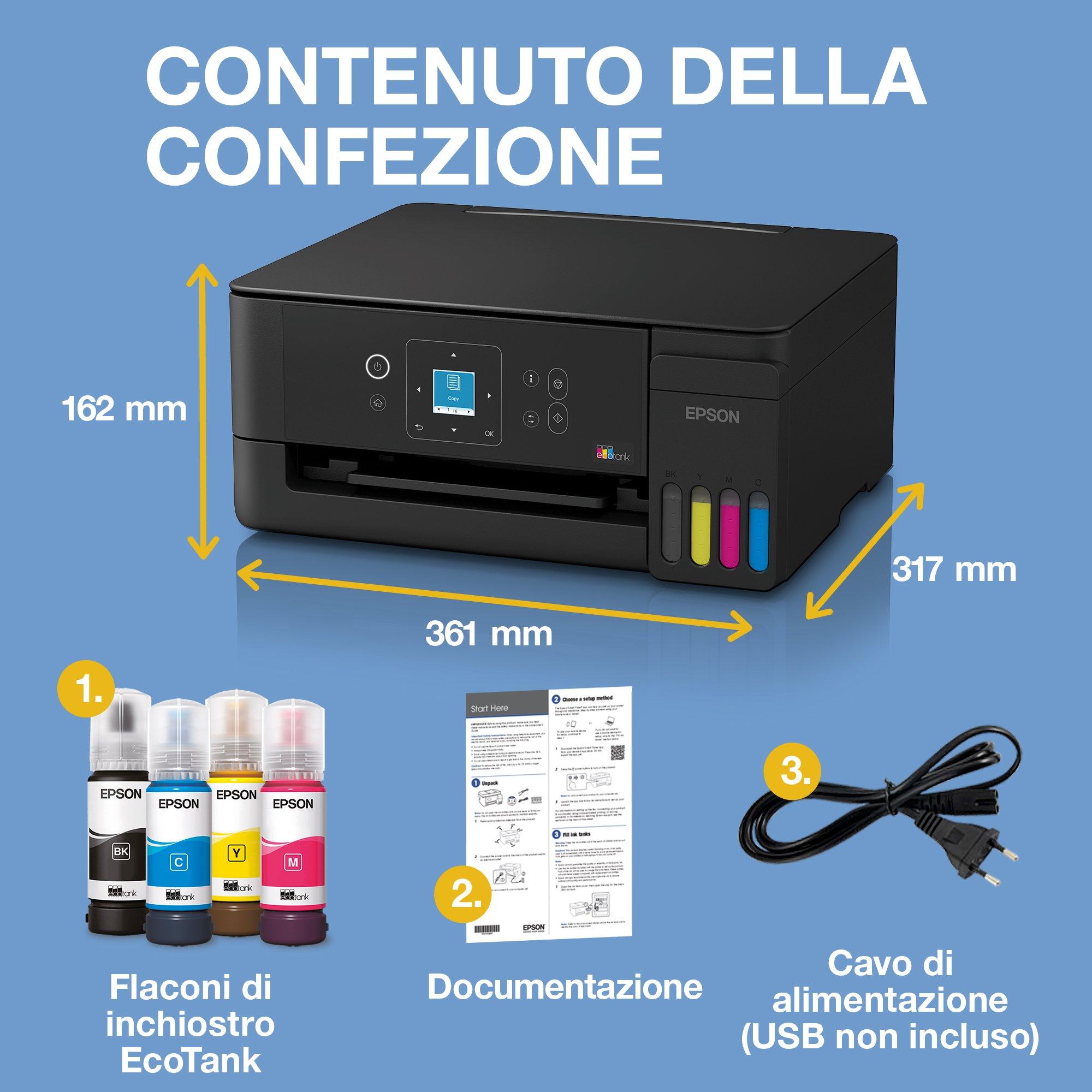 EcoTank ET-2925 stampante multifunzione A4 Wi-Fi e AirPrint con serbatoi di inchiostro e display LCD, fino a 3 anni di inchiostro inclusi whats in the box