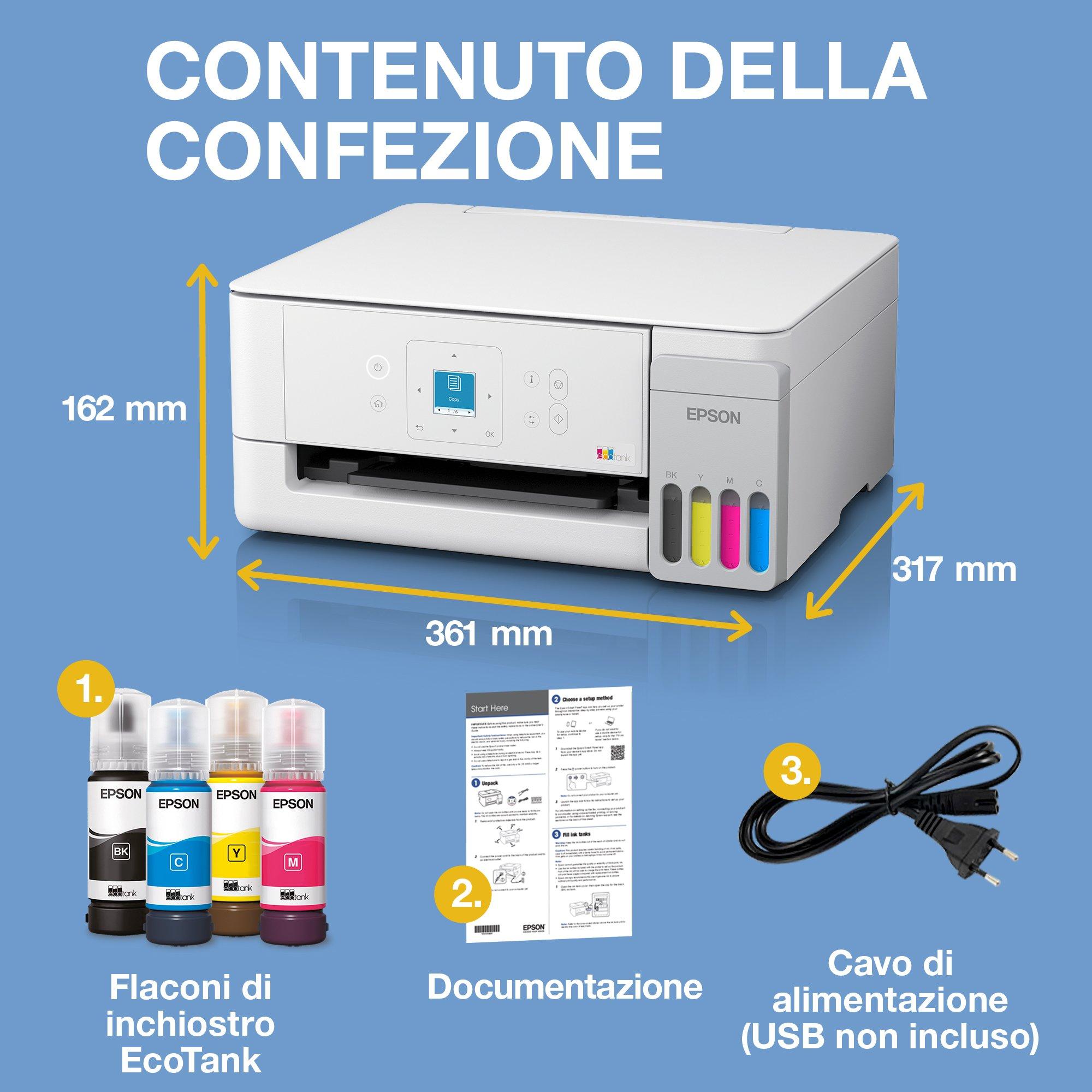 EcoTank ET-2926 stampante multifunzione A4 Wi-Fi e AirPrint con serbatoi di inchiostro e display LCD, fino a 3 anni di inchiostro inclusi whats in the box
