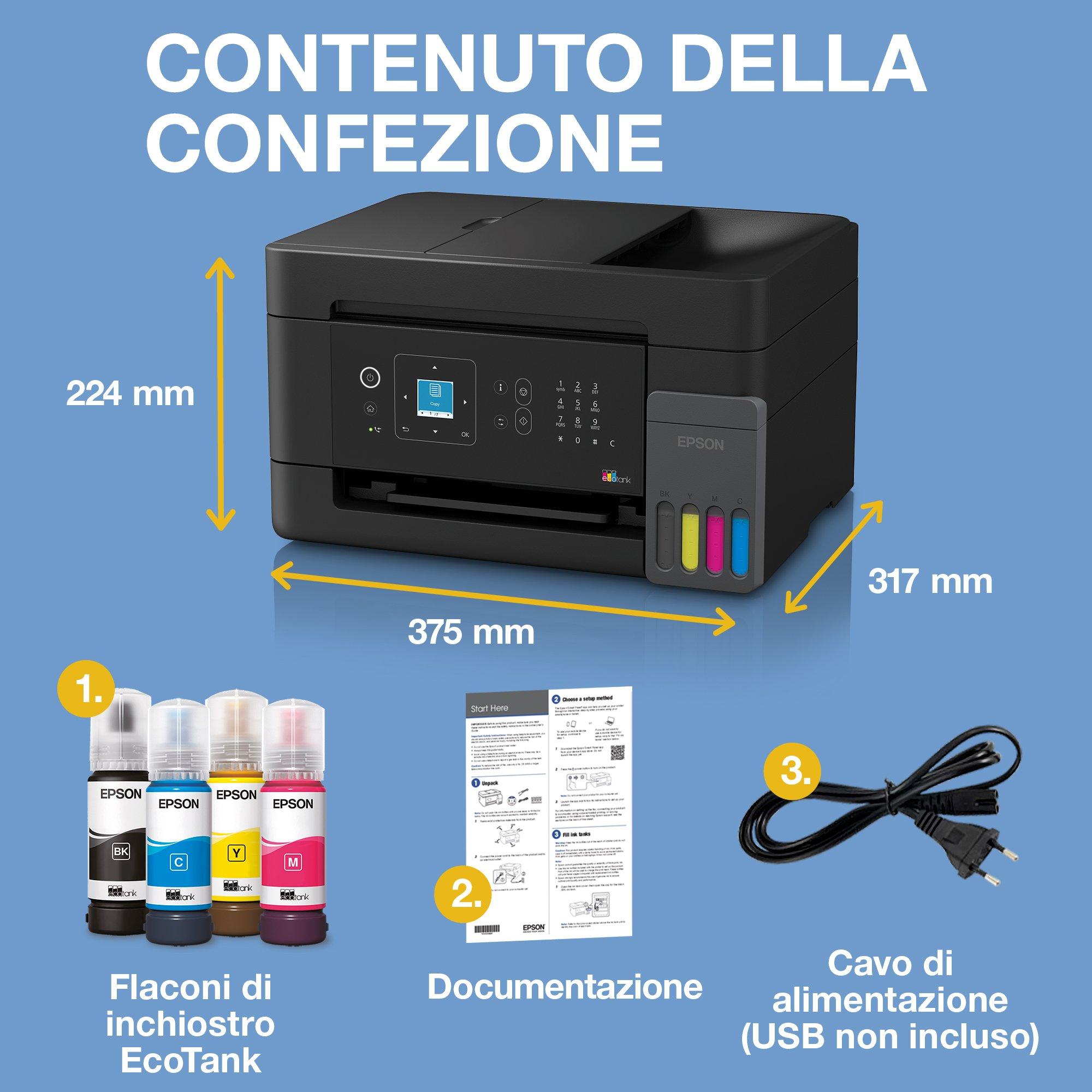 EcoTank ET-4905 stampante multifunzione A4 Wi-Fi e AirPrint con serbatoi di inchiostro, display LCD e alimentatore automatico di documenti, fino a 3 anni di inchiostro inclusi whats in the box