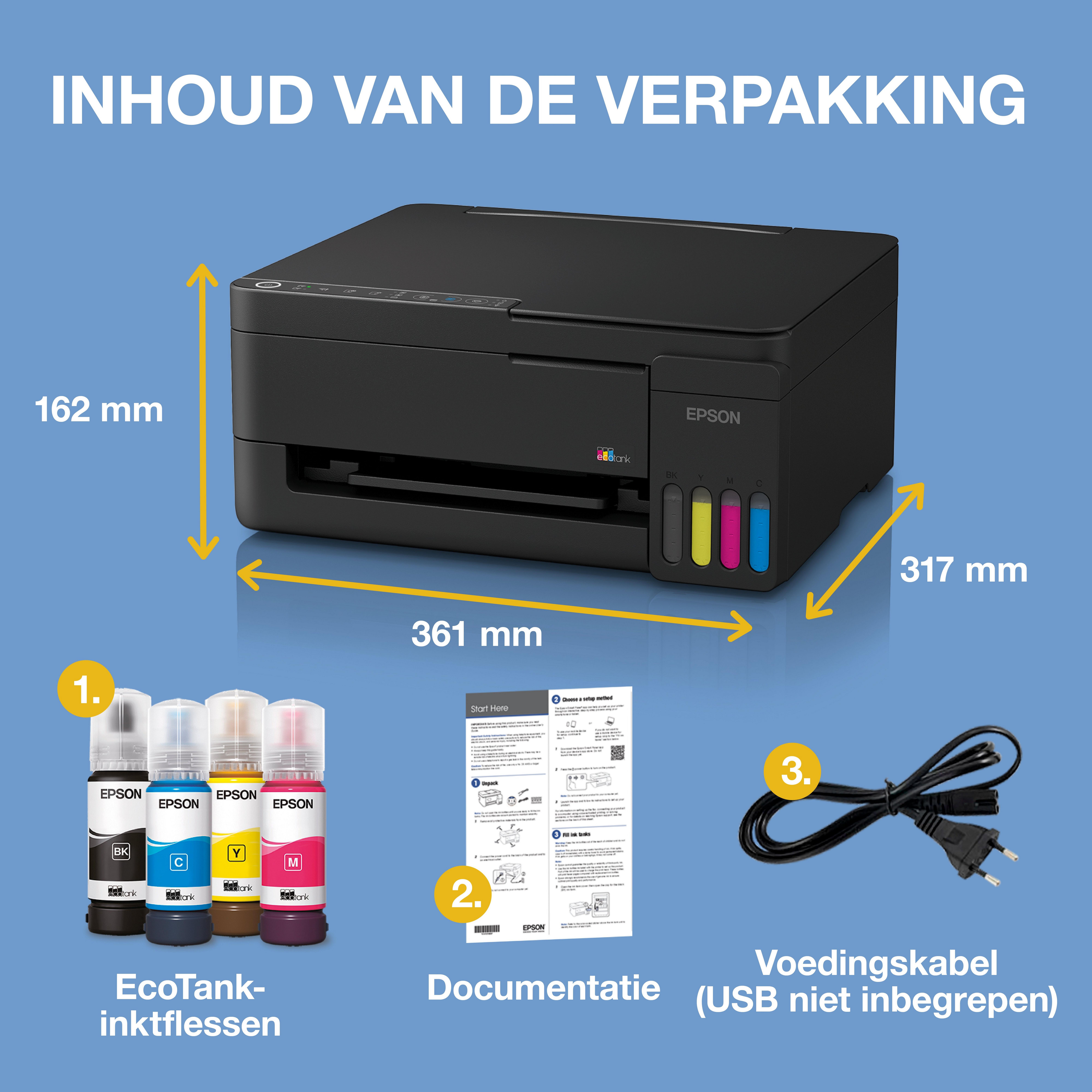 EcoTank ET-2911 multifunctionele A4 Wi-Fi en AirPrint-printer met inkttank, inclusief tot wel 3 jaar aan inkt whats in the box