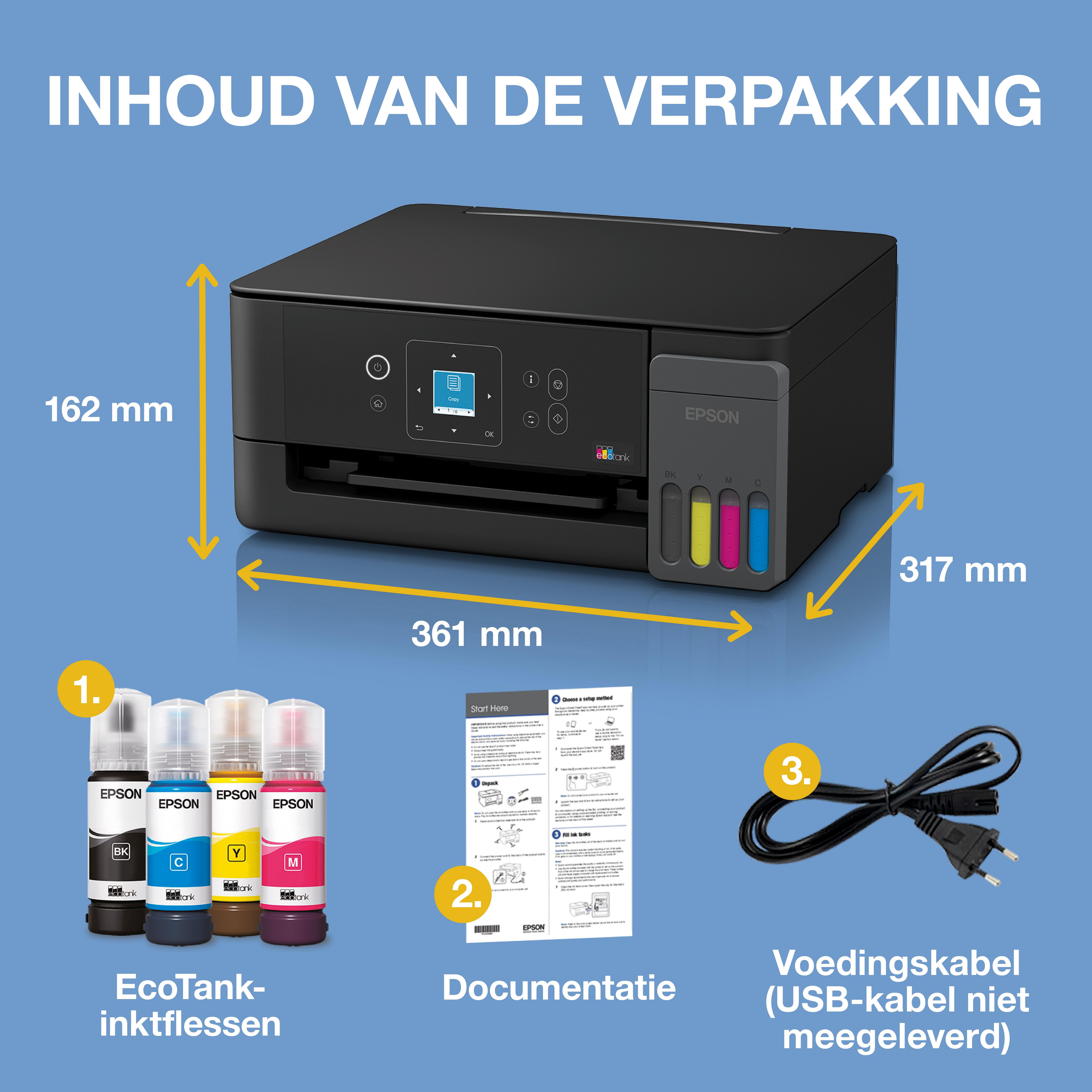 EcoTank ET-2920 multifunctionele A4 Wi-Fi en AirPrint-printer met inkttank en LCD-scherm, inclusief tot wel 3 jaar aan inkt whats in the box