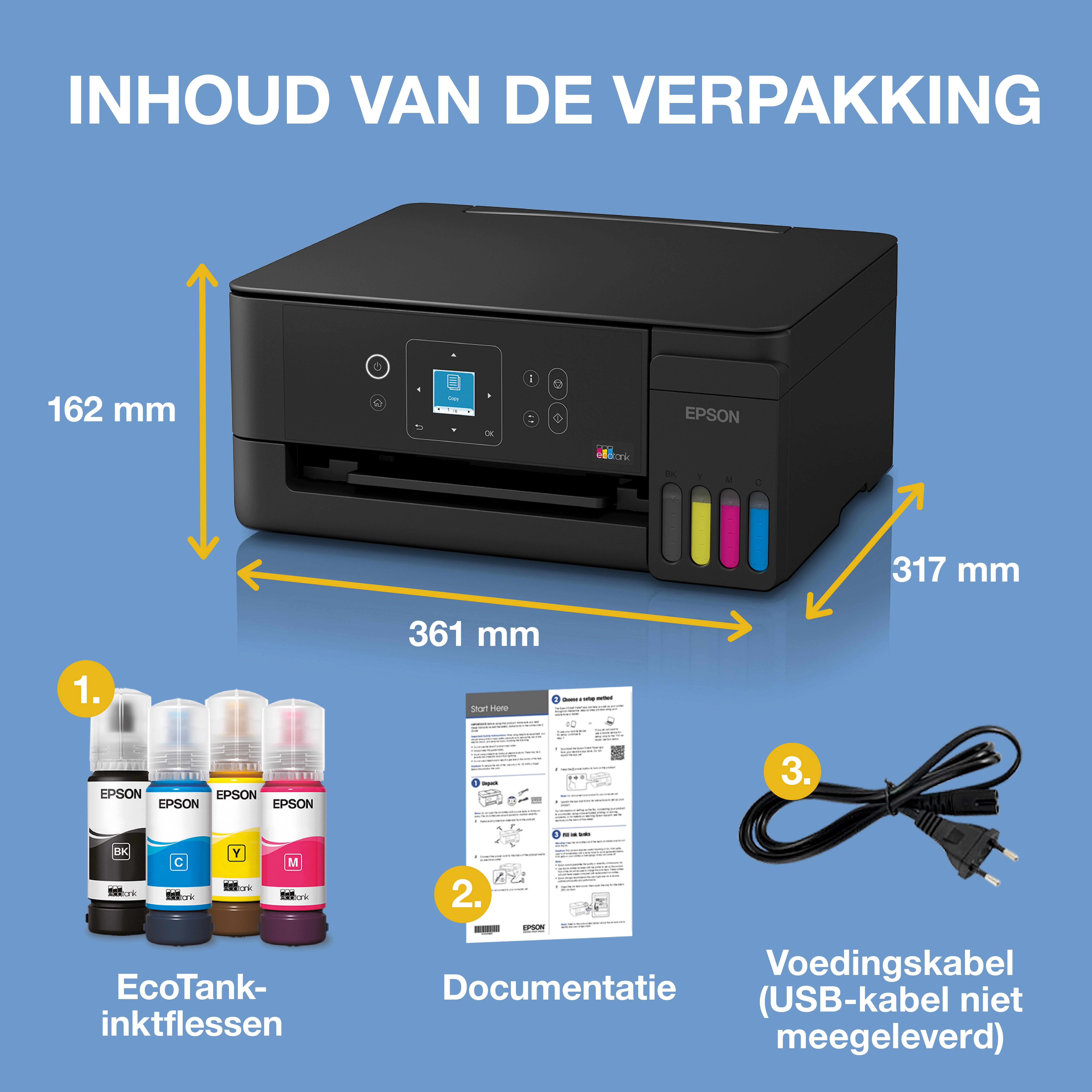 EcoTank ET-2925 multifunctionele A4 Wi-Fi en AirPrint-printer met inkttank en LCD-scherm, inclusief tot wel 3 jaar aan inkt whats in the box