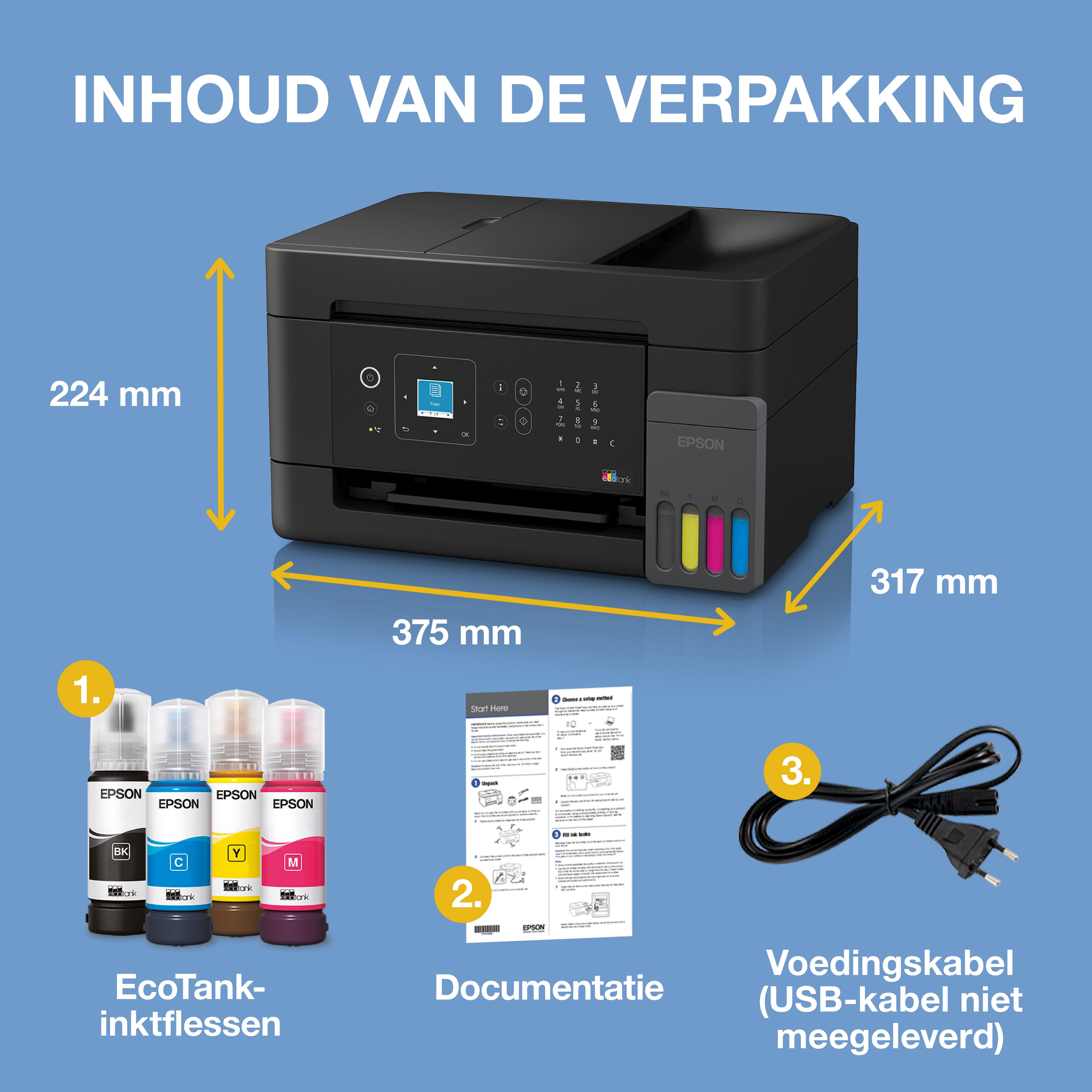 EcoTank ET-4900 multifunctionele A4 Wi-Fi en AirPrint-printer met inkttank, LCD-scherm en ADF, inclusief tot wel 3 jaar aan inkt whats in the box