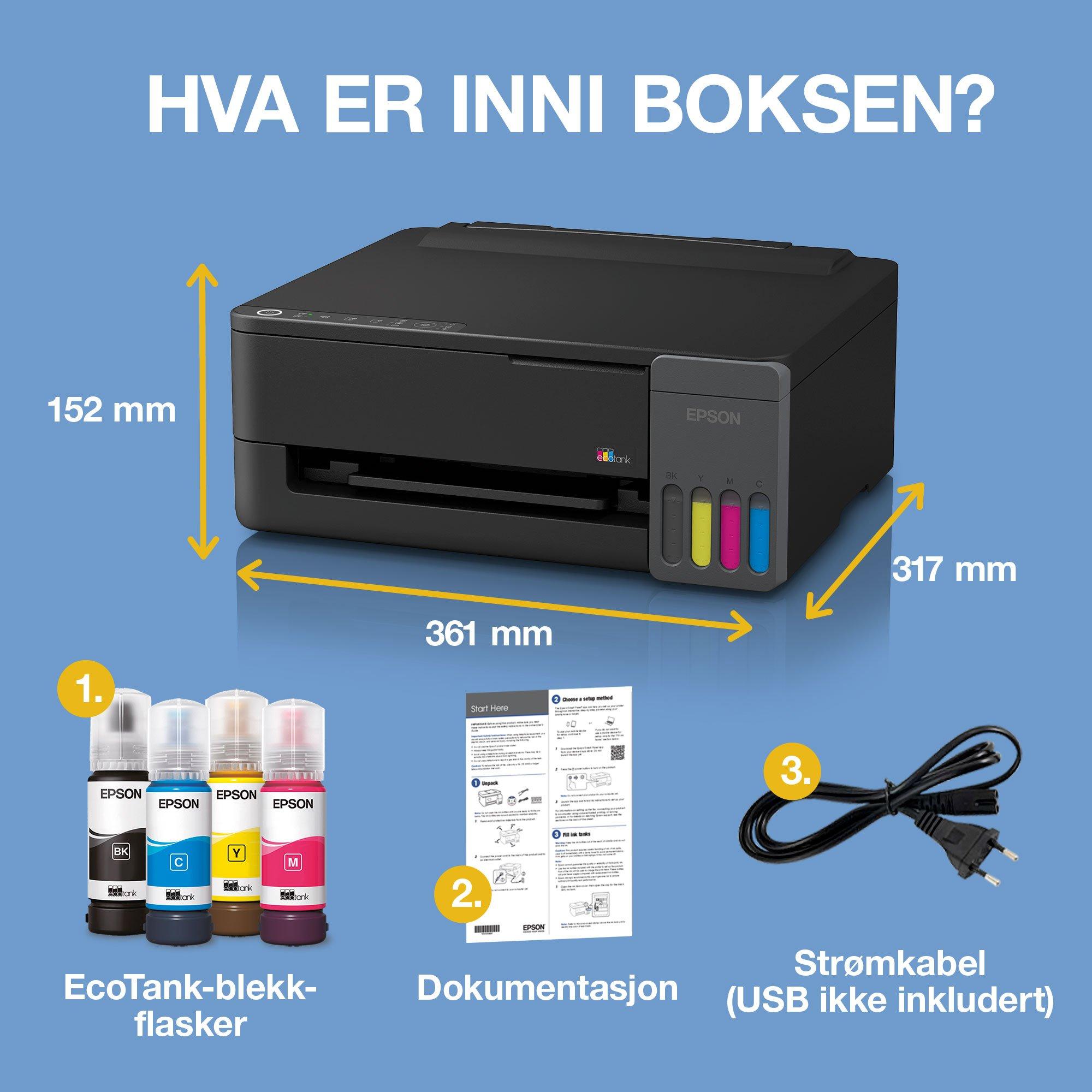 EcoTank ET-1910 A4 Wi-Fi- og AirPrint-blekktankskriver med opptil tre års blekk inkludert whats in the box