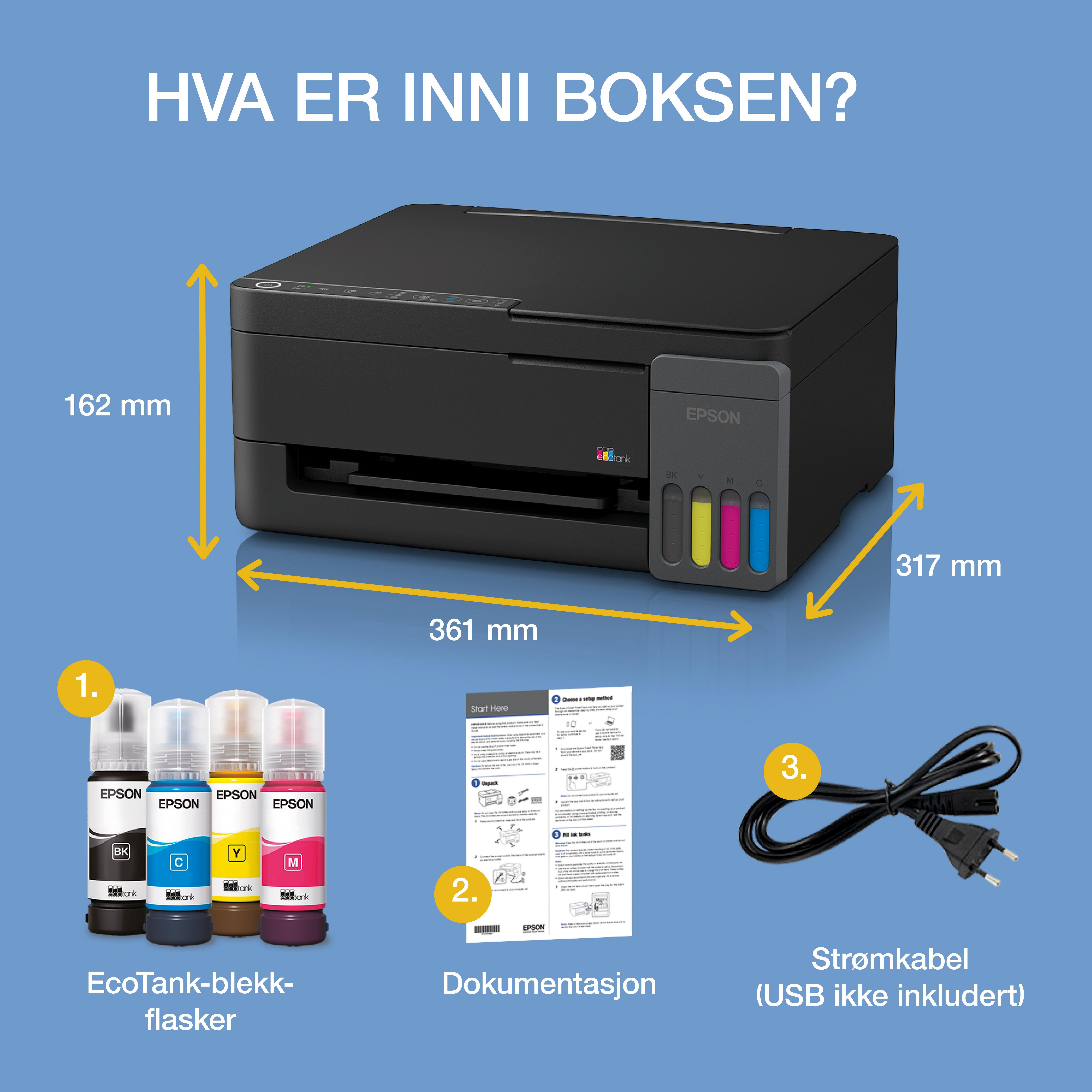 EcoTank ET-2915 A4 flerfunksjonell Wi-Fi- og AirPrint-blekktankskriver med opptil tre års blekk inkludert whats in the box