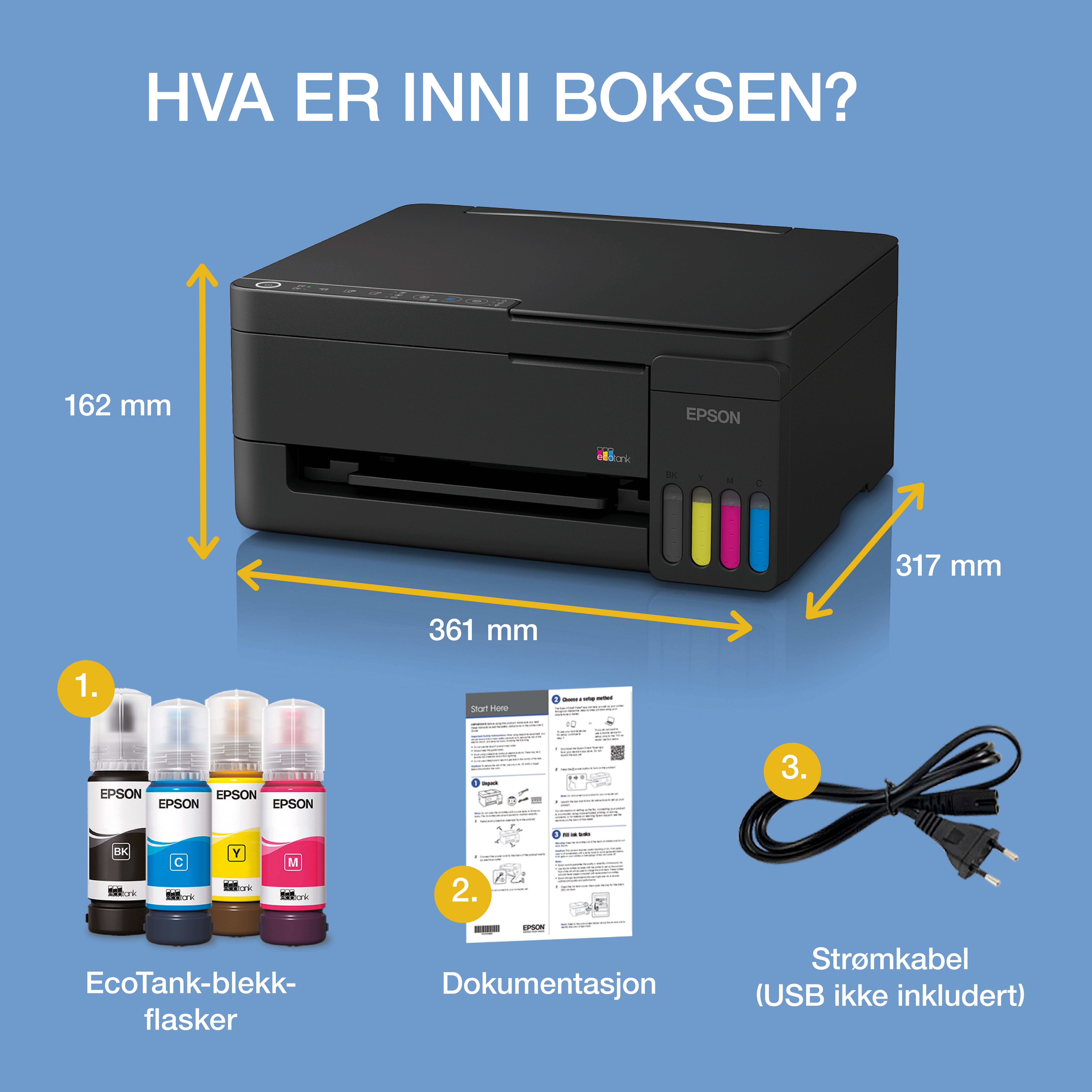 EcoTank ET-2911 A4 flerfunksjonell Wi-Fi- og AirPrint-blekktankskriver med opptil tre års blekk inkludert whats in the box