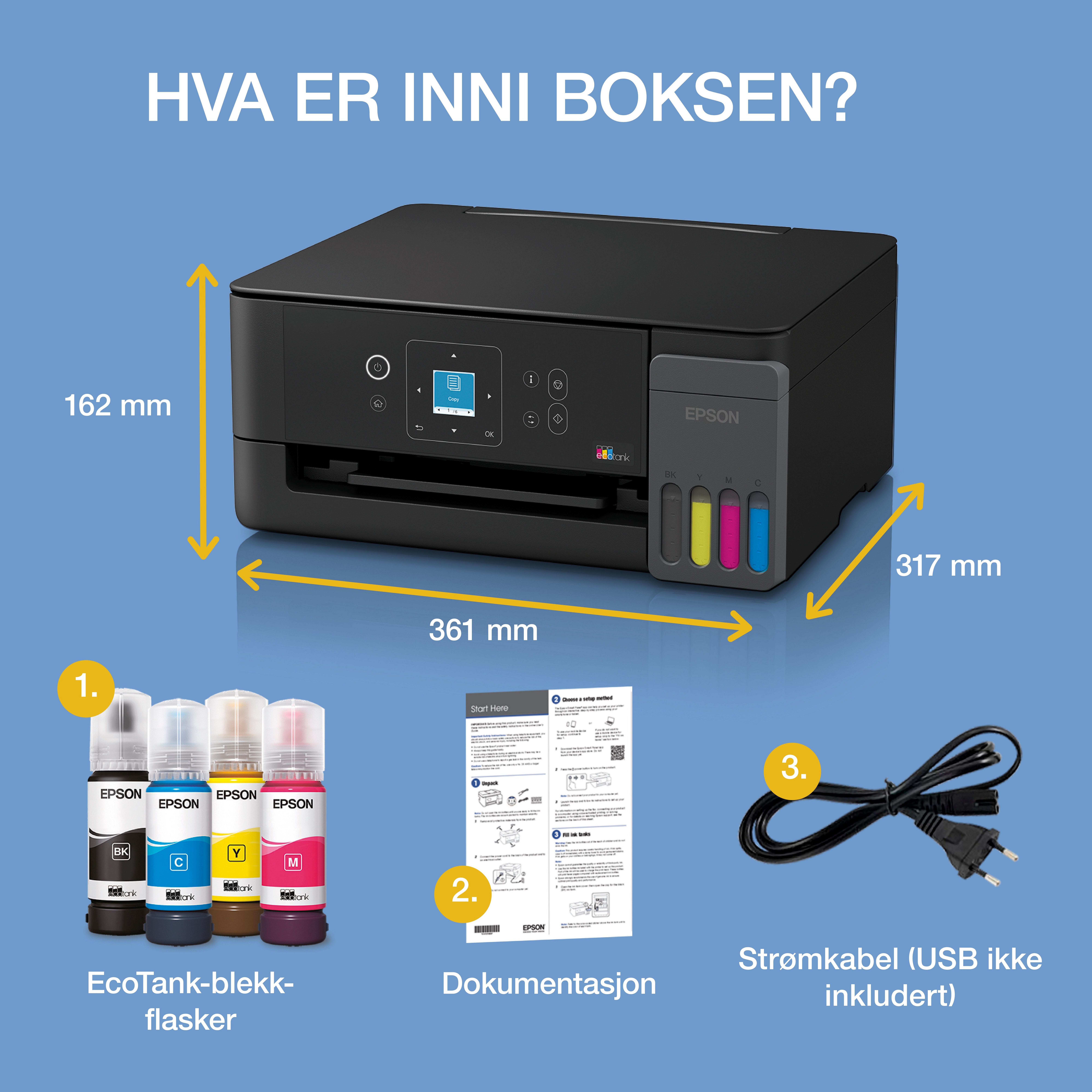 EcoTank ET-2920 A4 flerfunksjonell Wi-Fi- og AirPrint-blekktankskriver med LCD-skjerm og opptil tre år med blekk inkludert whats in the box