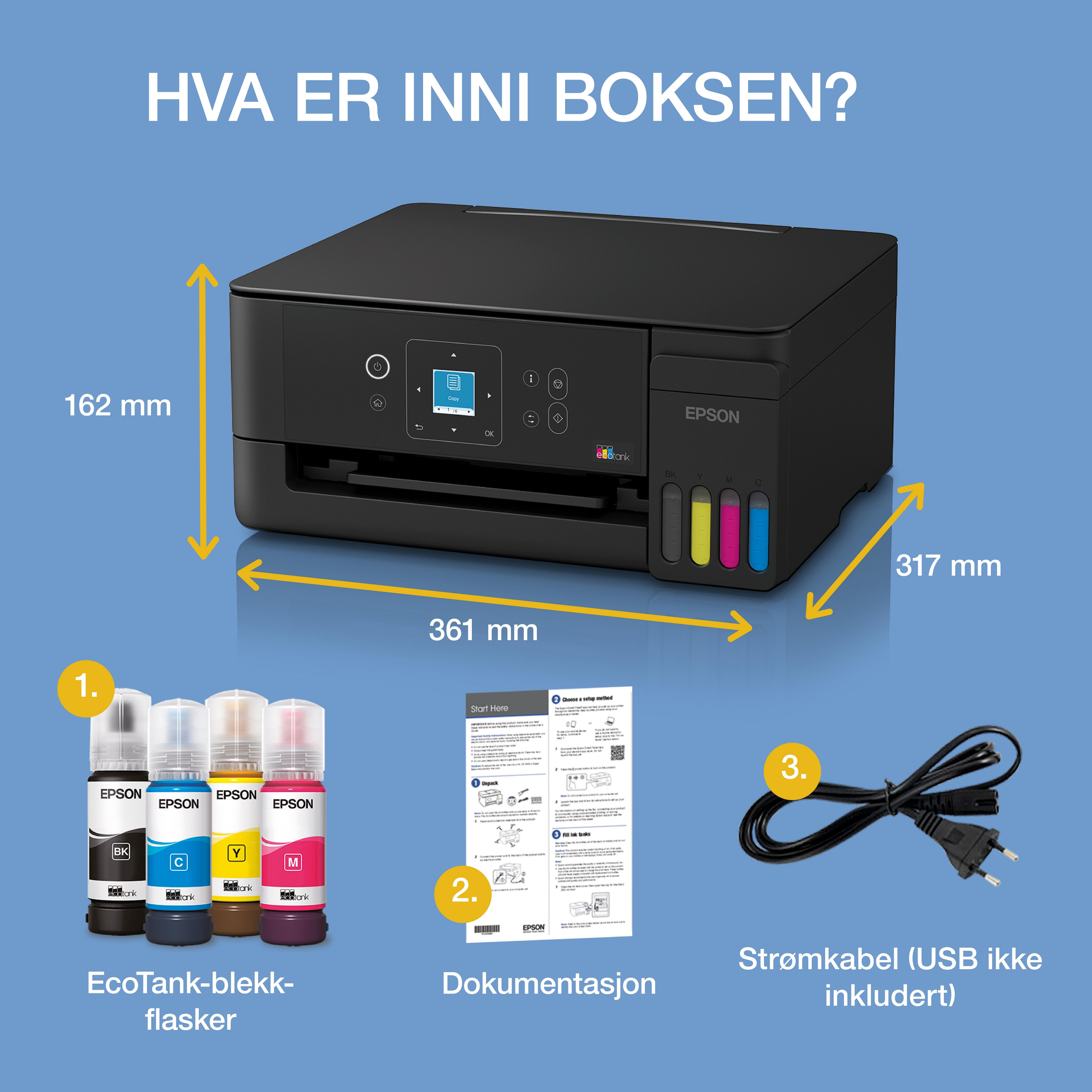 EcoTank ET-2922 A4 flerfunksjonell Wi-Fi- og AirPrint-blekktankskriver med LCD-skjerm og opptil tre år med blekk inkludert whats in the box