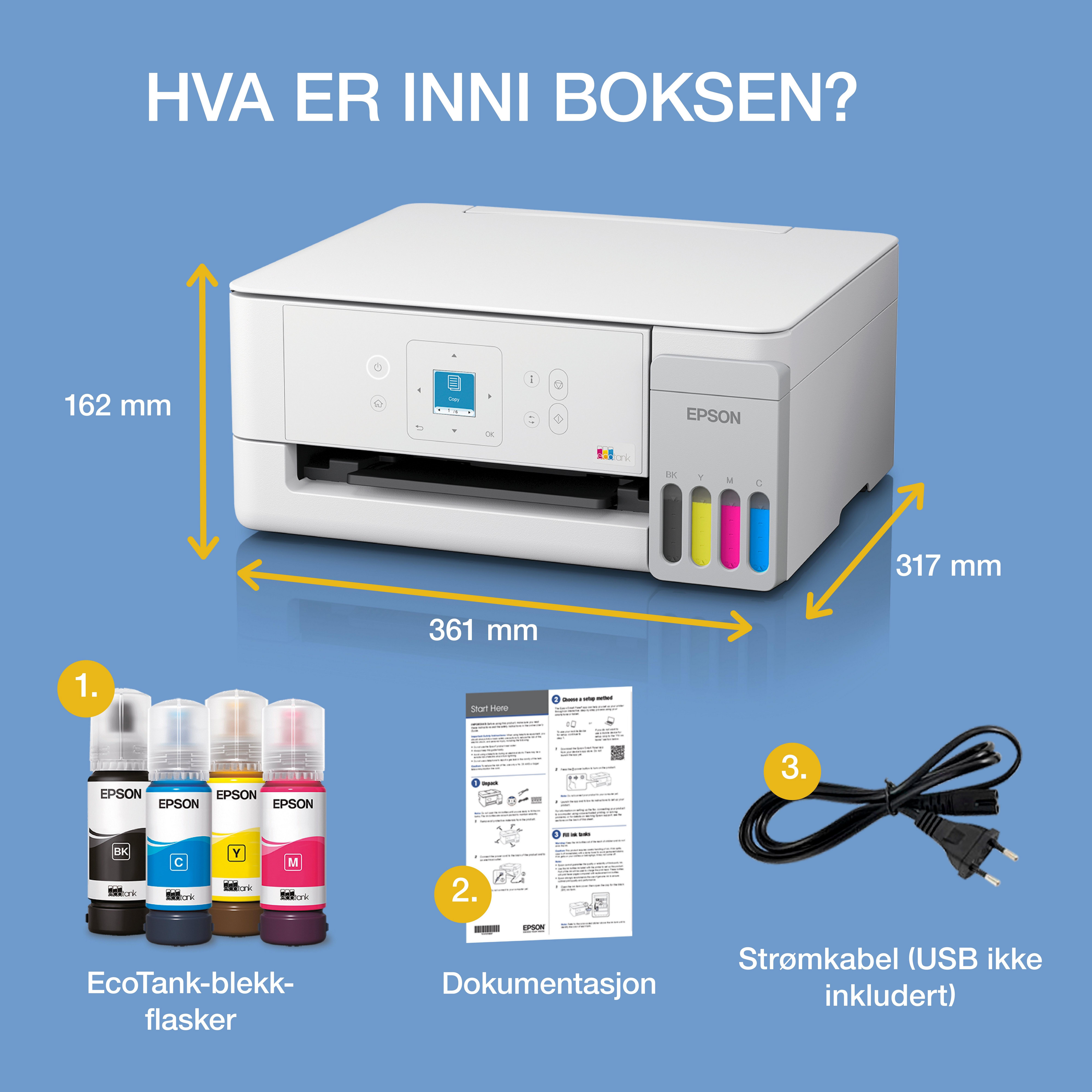 EcoTank ET-2926 A4 flerfunksjonell Wi-Fi- og AirPrint-blekktankskriver med LCD-skjerm og opptil tre år med blekk inkludert whats in the box