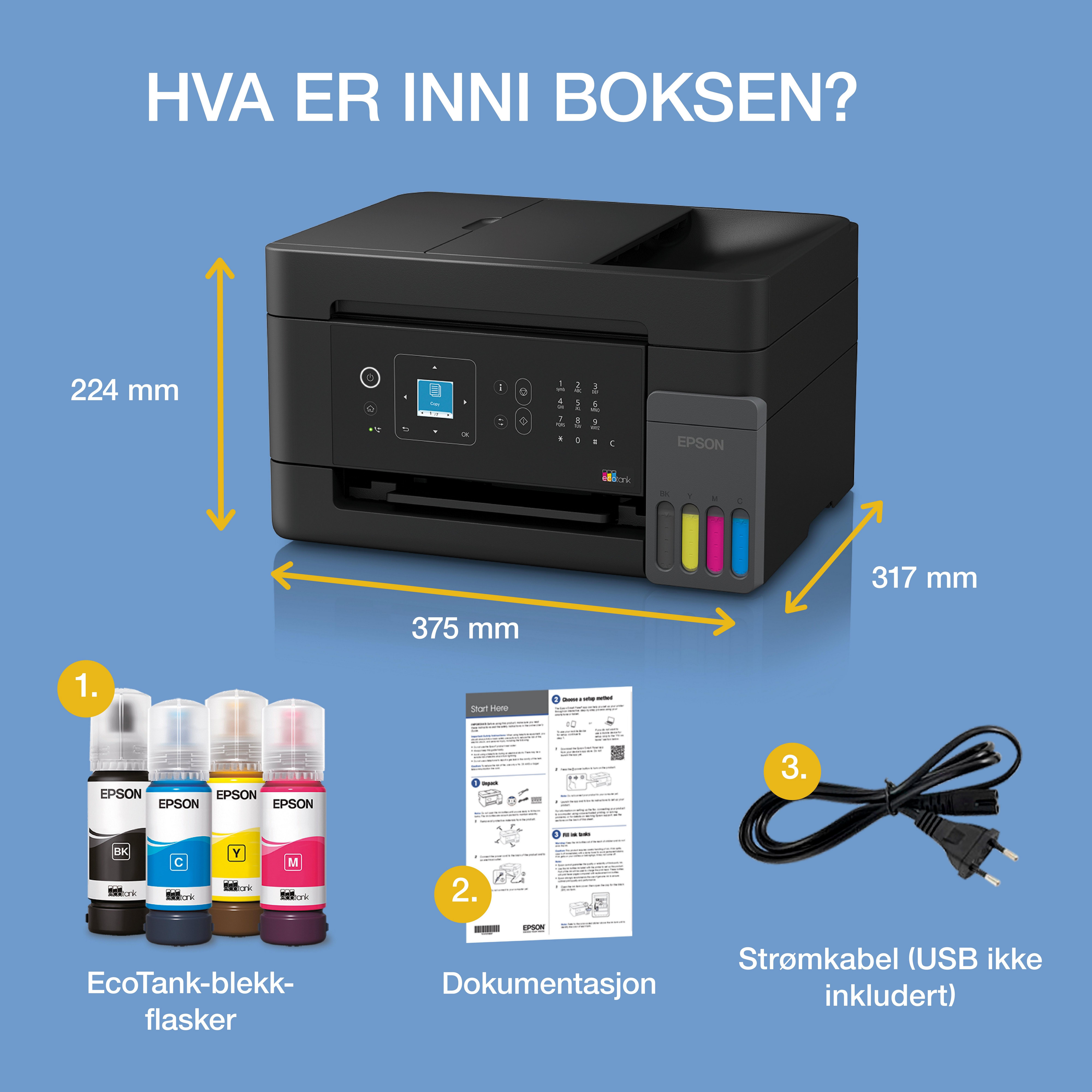 EcoTank ET-4900 A4 flerfunksjonell Wi-Fi- og AirPrint-blekktankskriver med LCD-skjerm, en ADF og opptil tre års blekk inkludert whats in the box