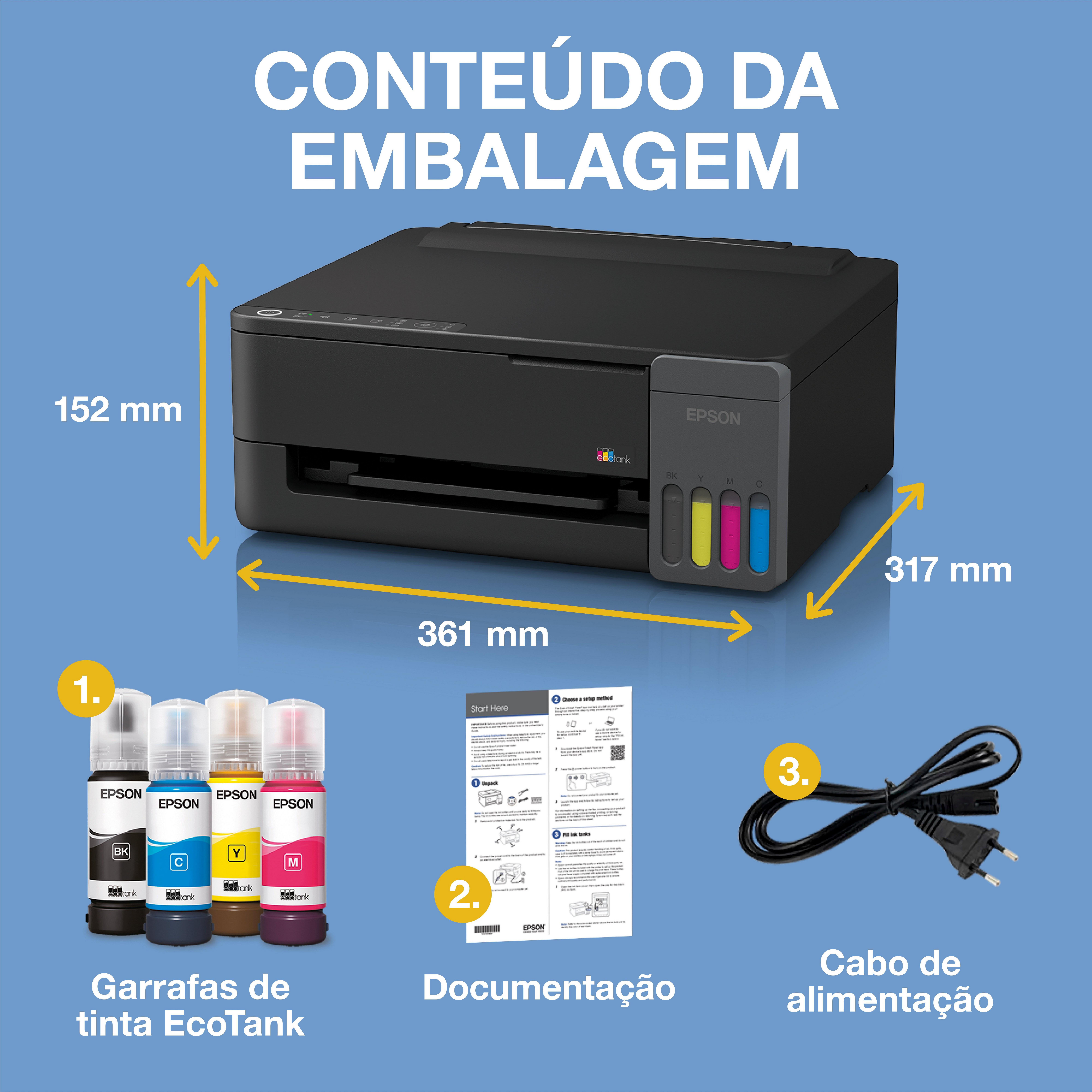 Impressora EcoTank ET-1910 A4 com tanque de tinta, Wi-Fi e AirPrint, com até 3 anos de tinta incluída whats in the box