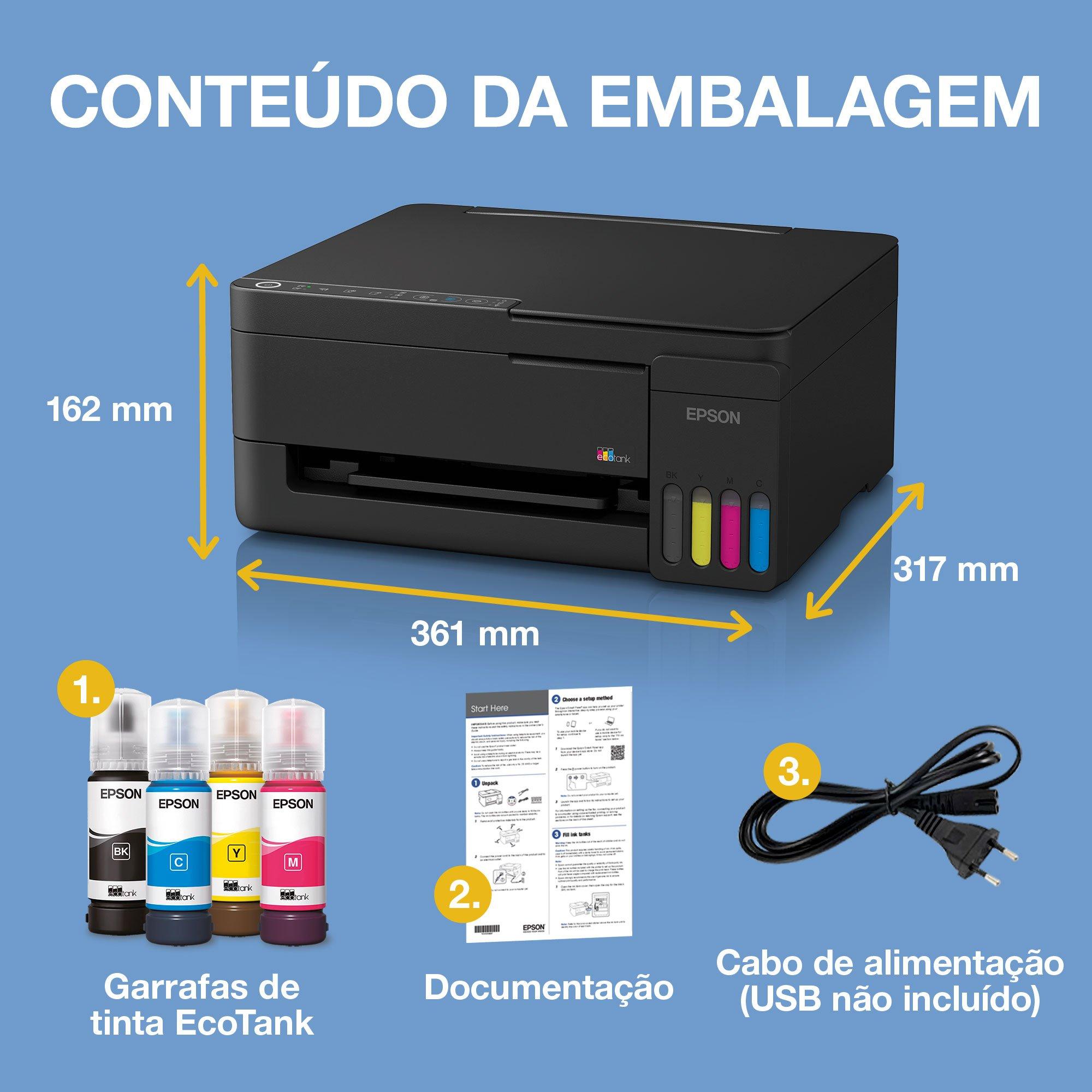 Impressora EcoTank ET-2911 A4 multifunções com tanque de tinta, Wi-Fi e AirPrint, com até 3 anos de tinta incluída whats in the box