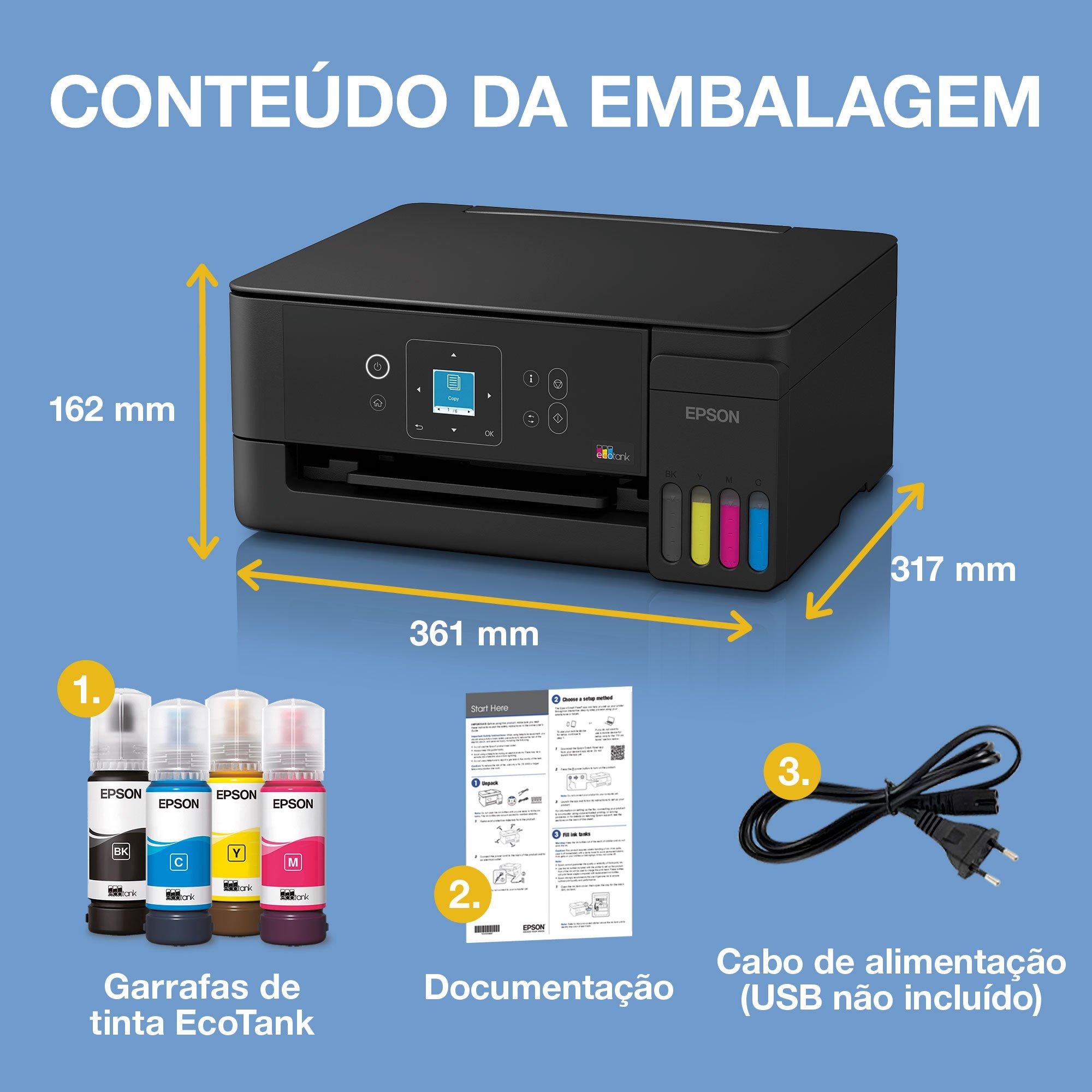 Impressora Ecotank ET-2925 A4 multifunções com tanque de tinta, Wi-Fi e AirPrint com ecrã LCD e até 3 anos de tinta incluída whats in the box