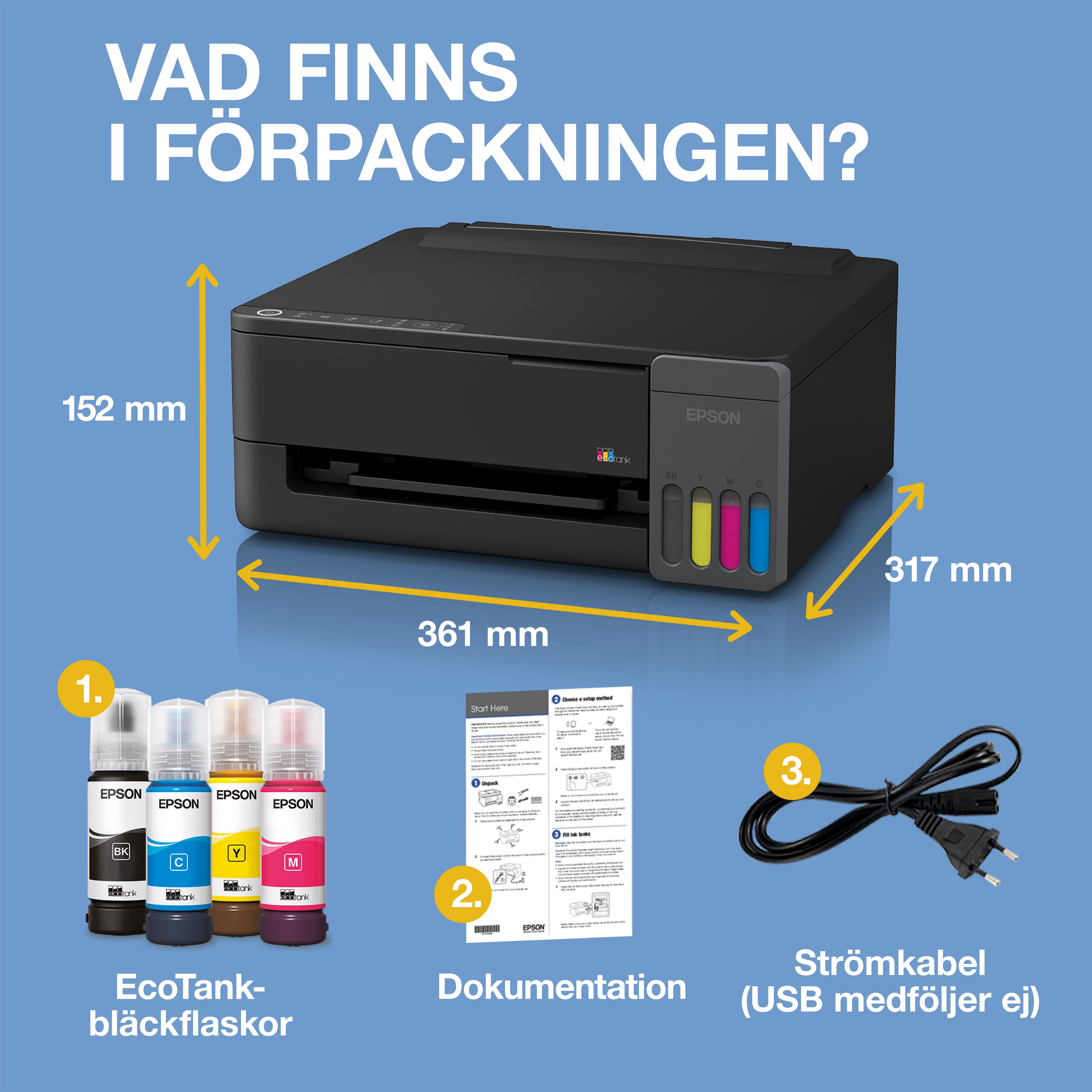 EcoTank ET-1910 A4-bläckbehållarskrivare med Wi-Fi och AirPrint, med bläck för upp till tre års användning inkluderat whats in the box