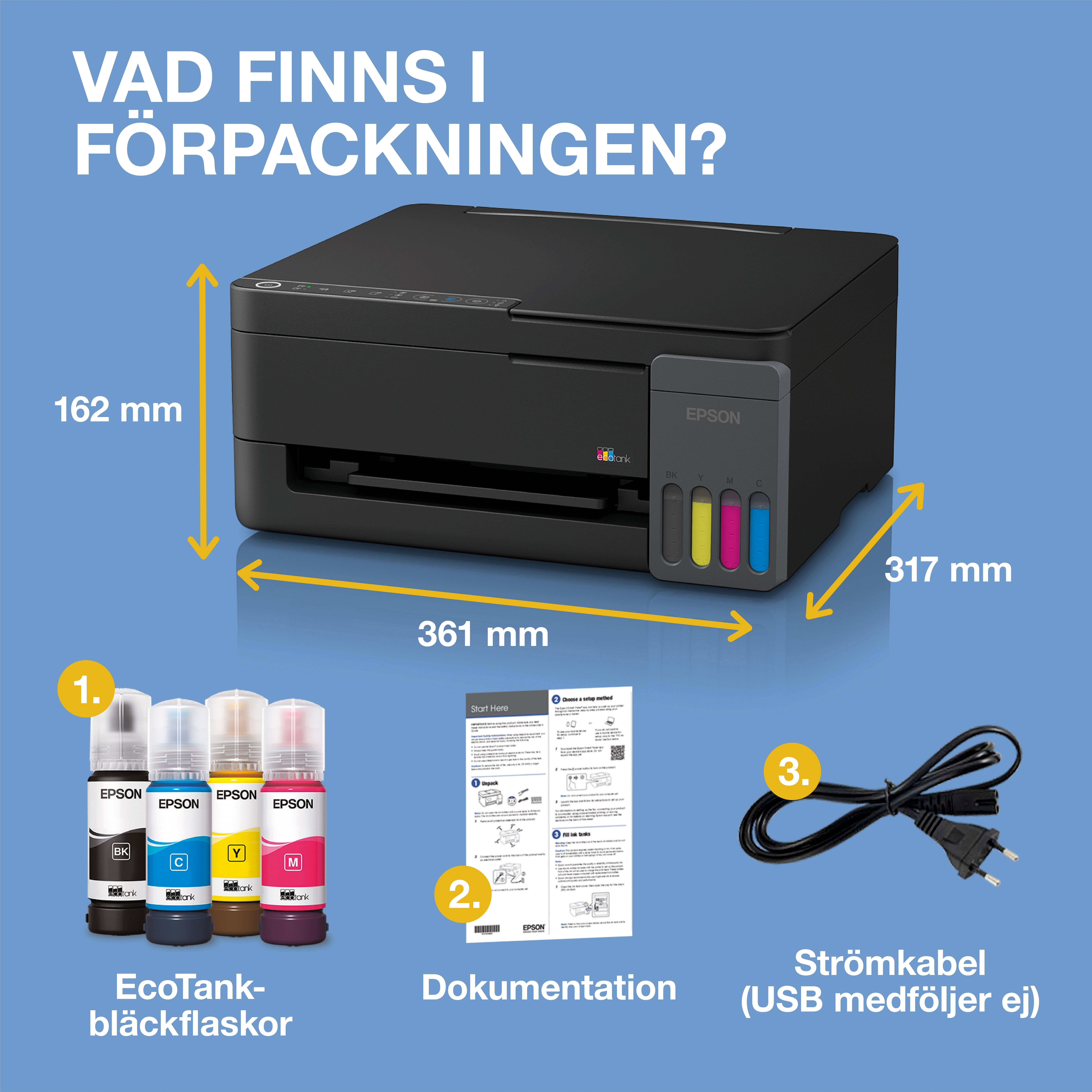 EcoTank ET-2916 A4-multifunktions Wi‑Fi- och AirPrint-bläckbehållarskrivare med bläck för upp till tre års användning inkluderat whats in the box