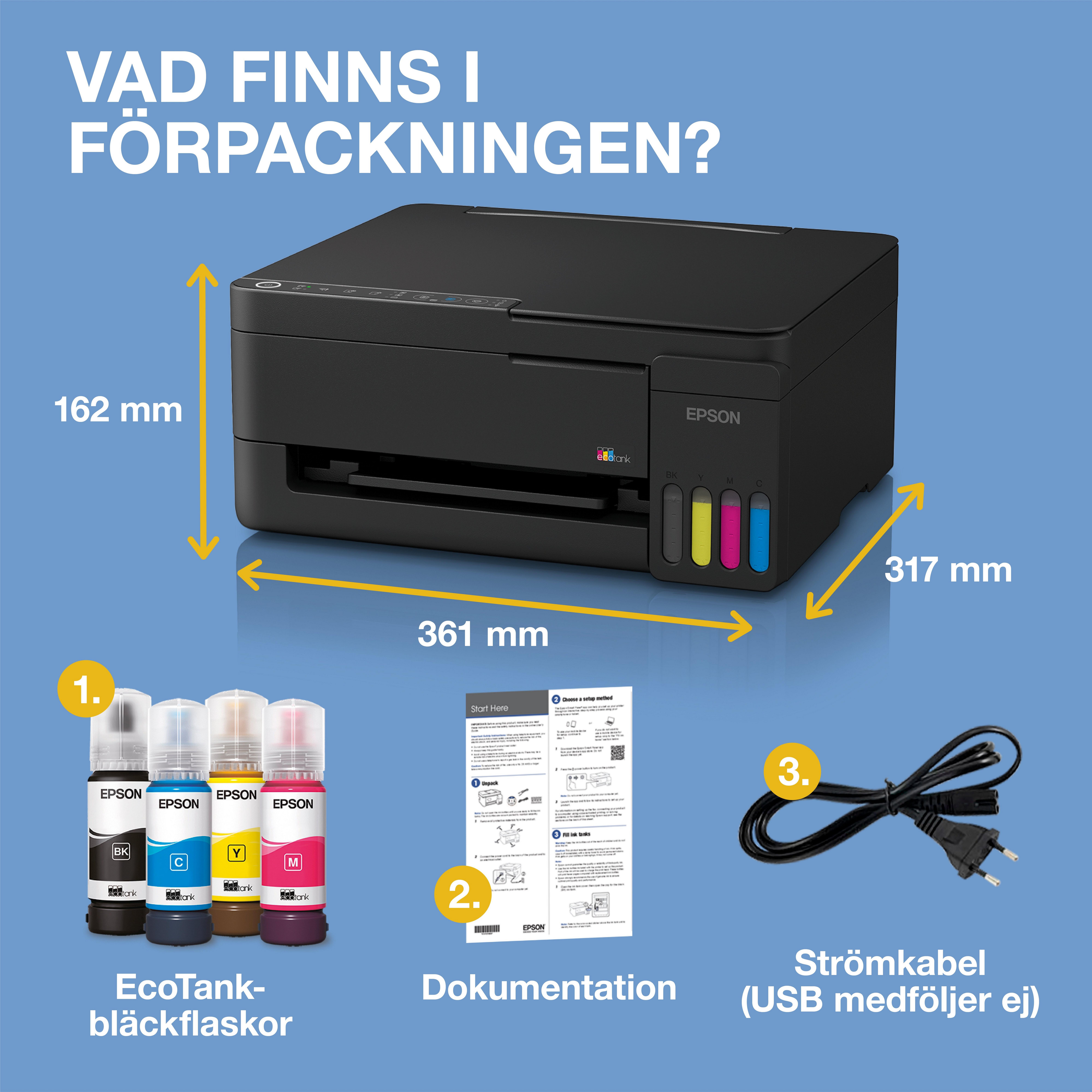 EcoTank ET-2911 A4-multifunktions Wi‑Fi- och AirPrint-bläckbehållarskrivare med bläck för upp till tre års användning inkluderat whats in the box