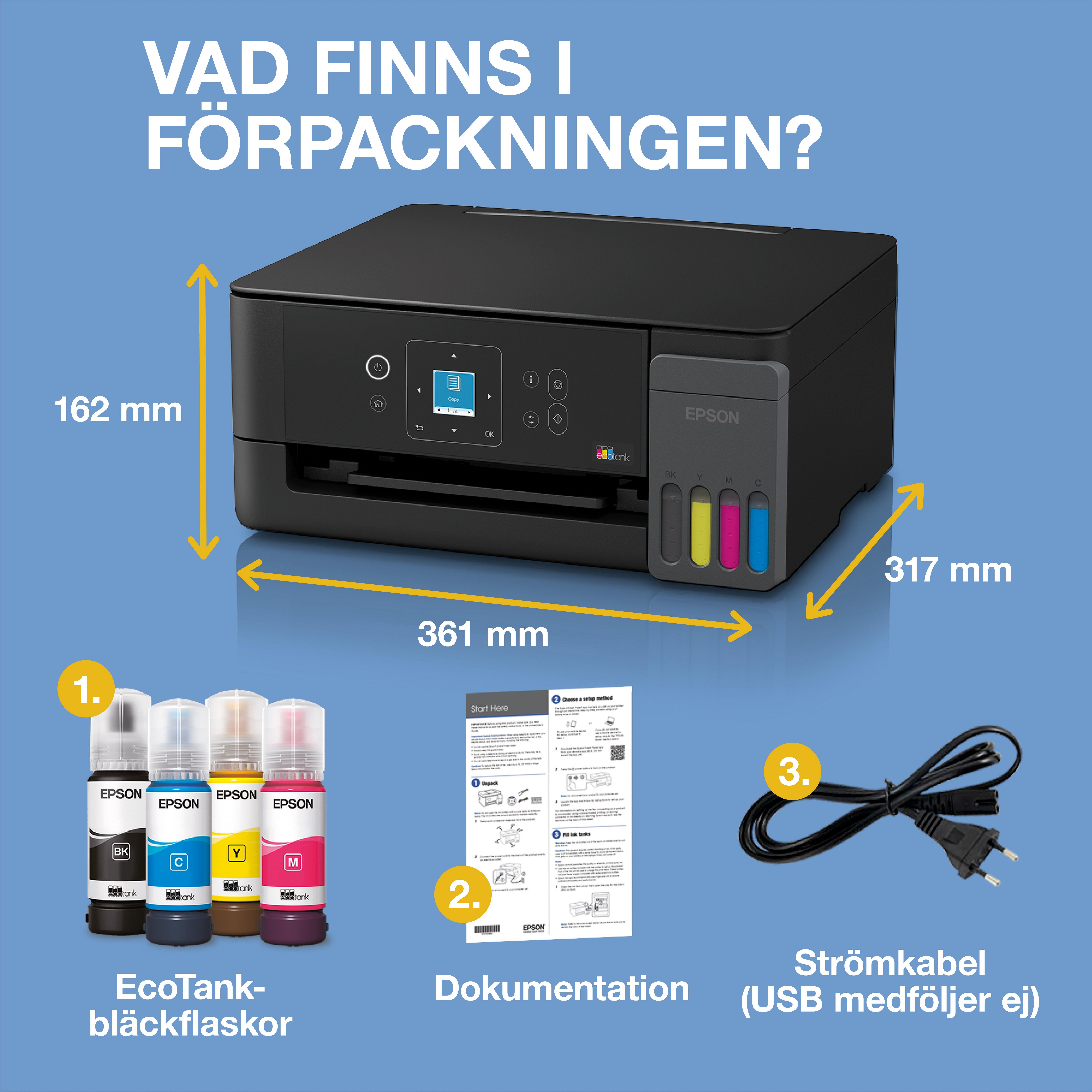 EcoTank ET-2920 A4-multifunktionsskrivare med Wi-Fi och AirPrint bläckbehållare med LCD-display och bläck för upp till tre års användning inkluderat whats in the box