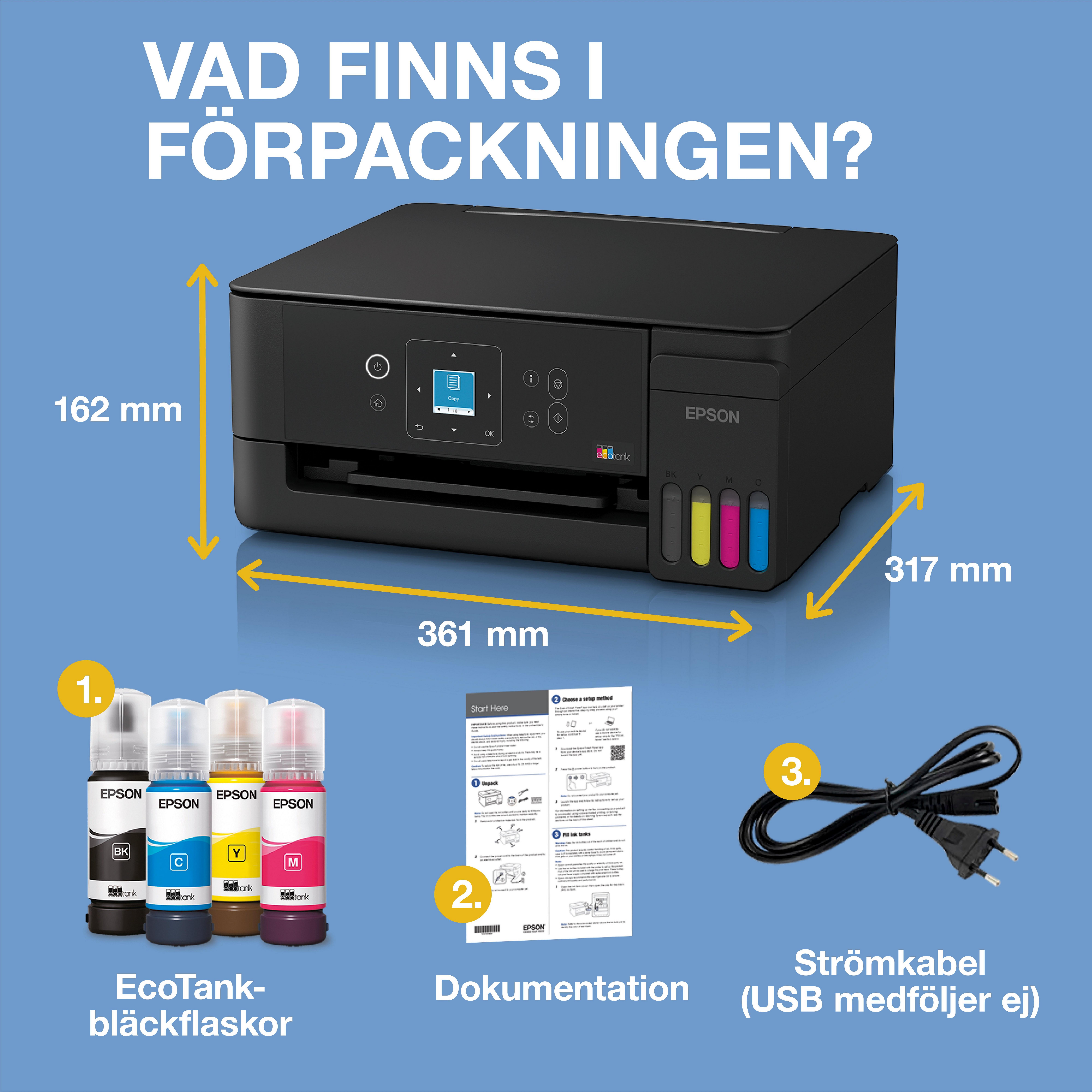 EcoTank ET-2921 A4-multifunktionsskrivare med Wi-Fi och AirPrint bläckbehållare med LCD-display och bläck för upp till tre års användning inkluderat whats in the box