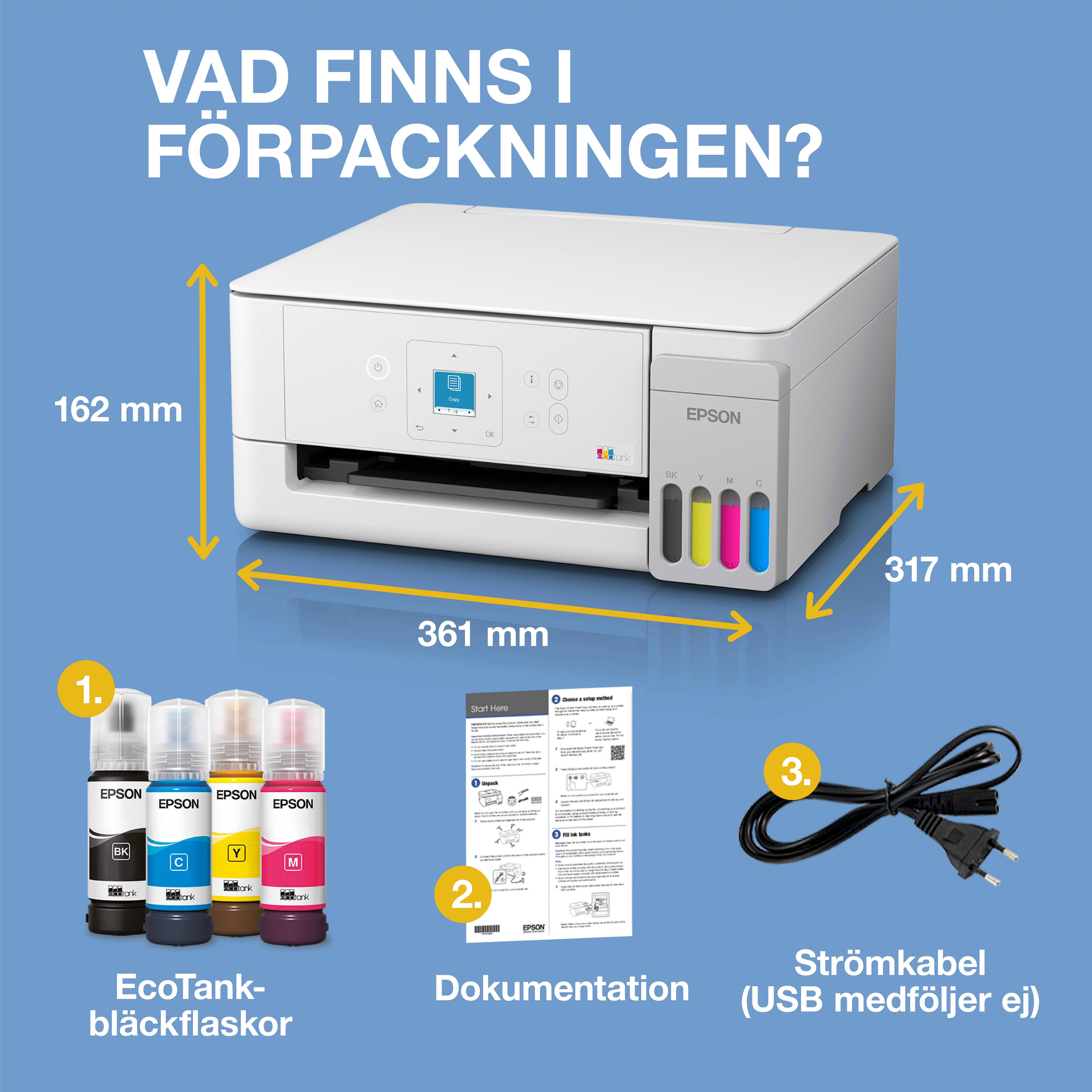 EcoTank ET-2926 A4-multifunktionsskrivare med Wi-Fi och AirPrint bläckbehållare med LCD-display och bläck för upp till tre års användning inkluderat whats in the box