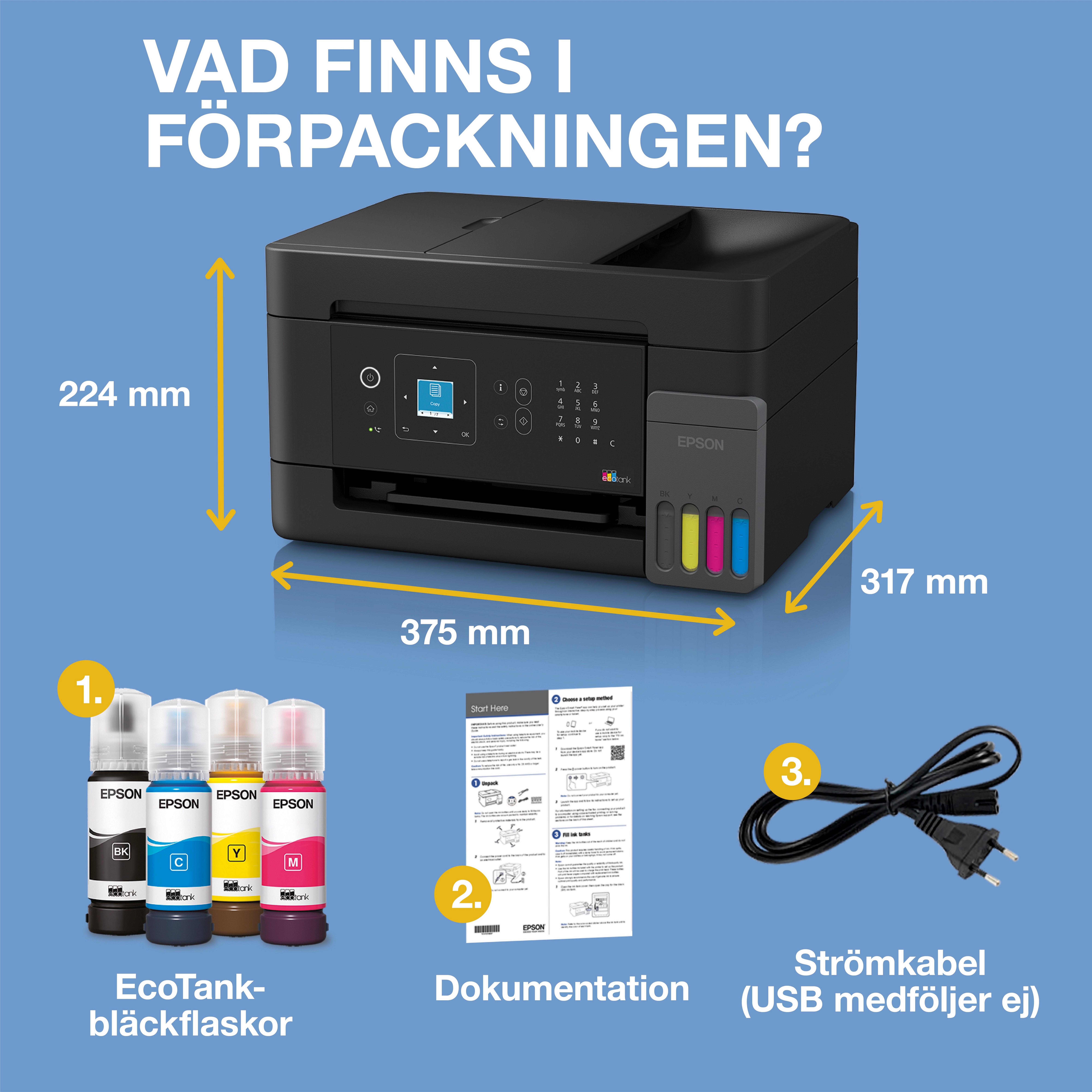 EcoTank ET-4905 A4-multifunktionsskrivare med Wi-Fi och AirPrint bläckbehållare med LCD-display en ADF och bläck för upp till tre års användning inkluderat whats in the box