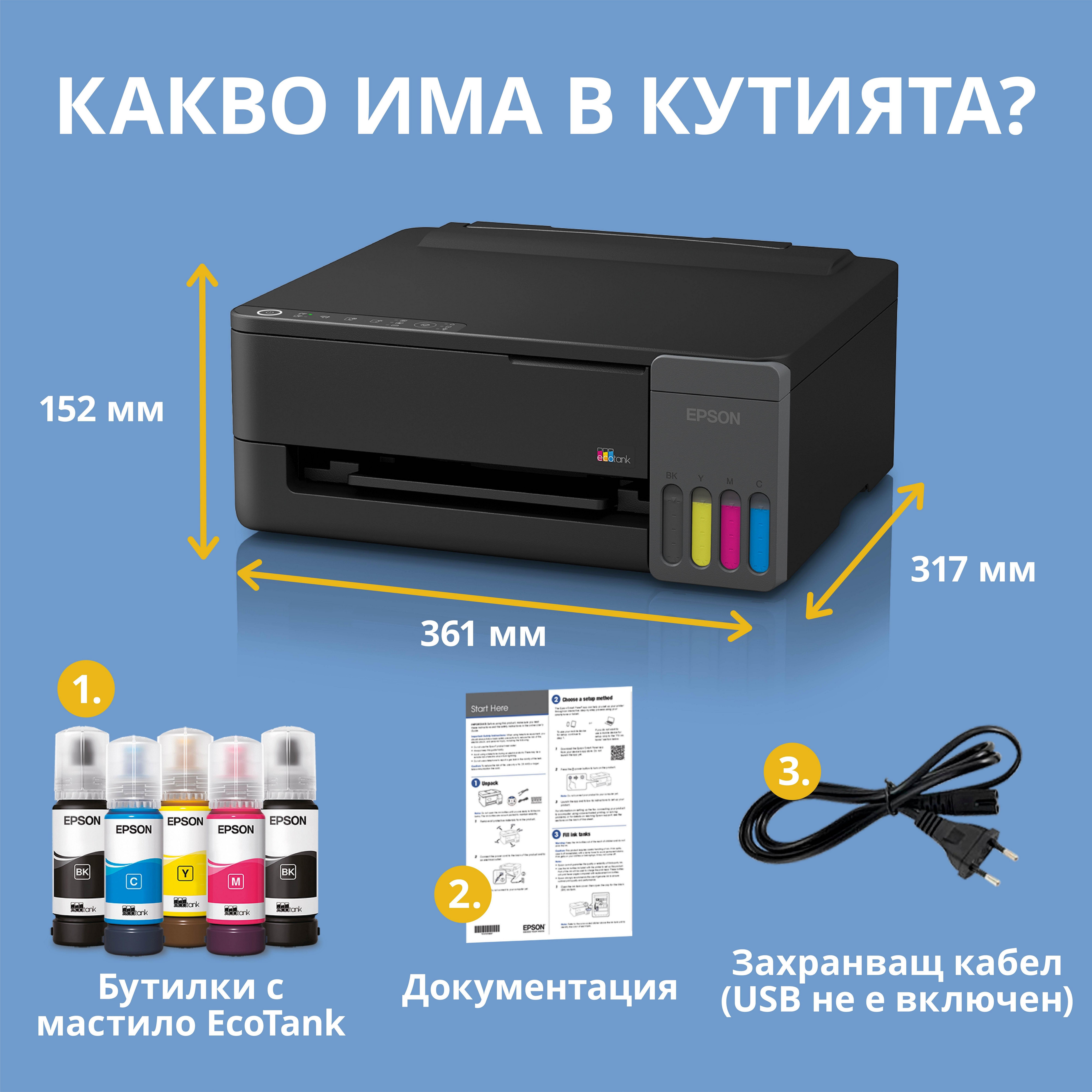 EcoTank L1350 Wi-Fi принтер A4 с резервоар за мастило и AirPrint, с включено мастило за период до 3 години whats in the box