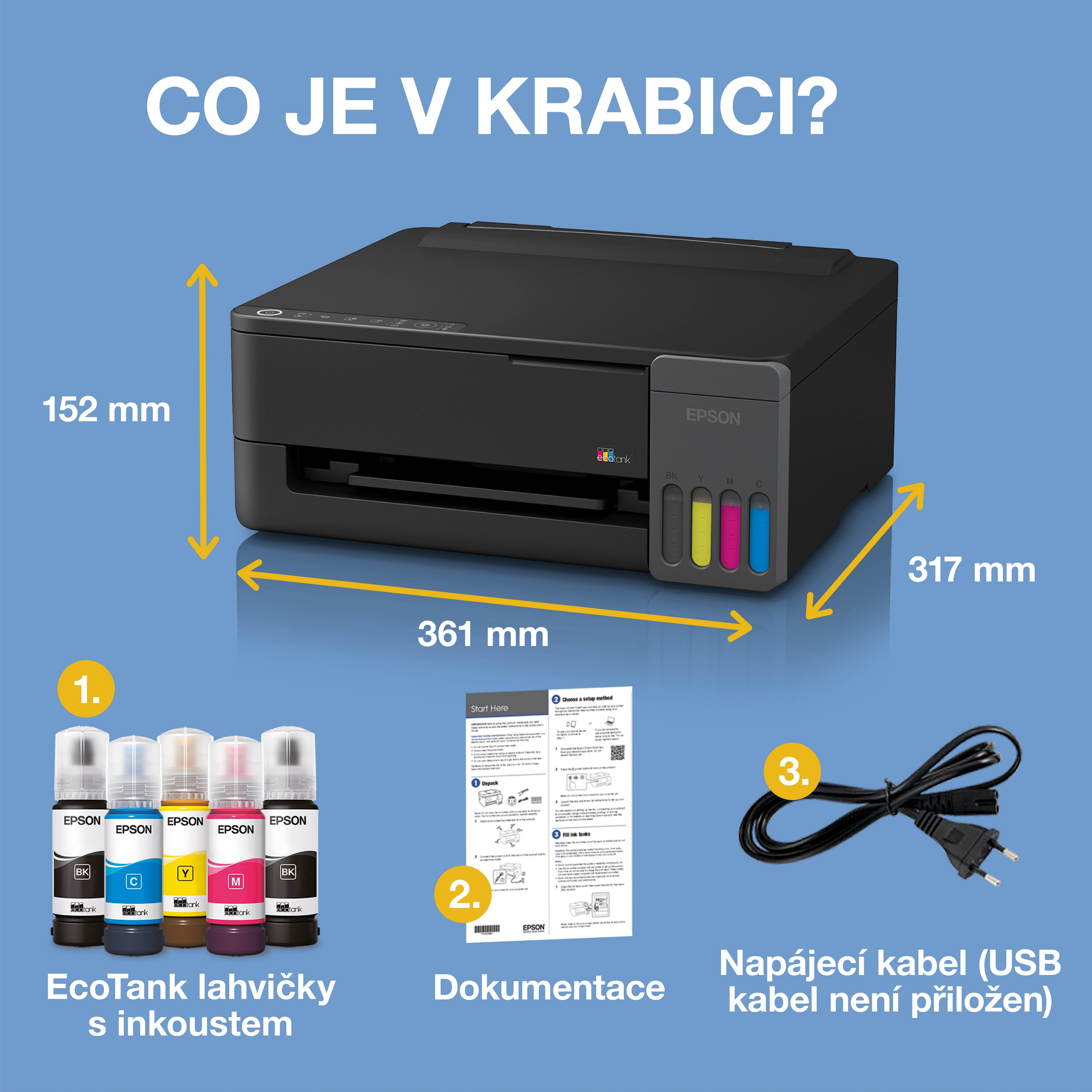 Inkoustová tiskárna EcoTank L1350 formátu A4, Wi-Fi a AirPrint, s inkoustovou nádržkou a inkoustem až na 3 roky whats in the box